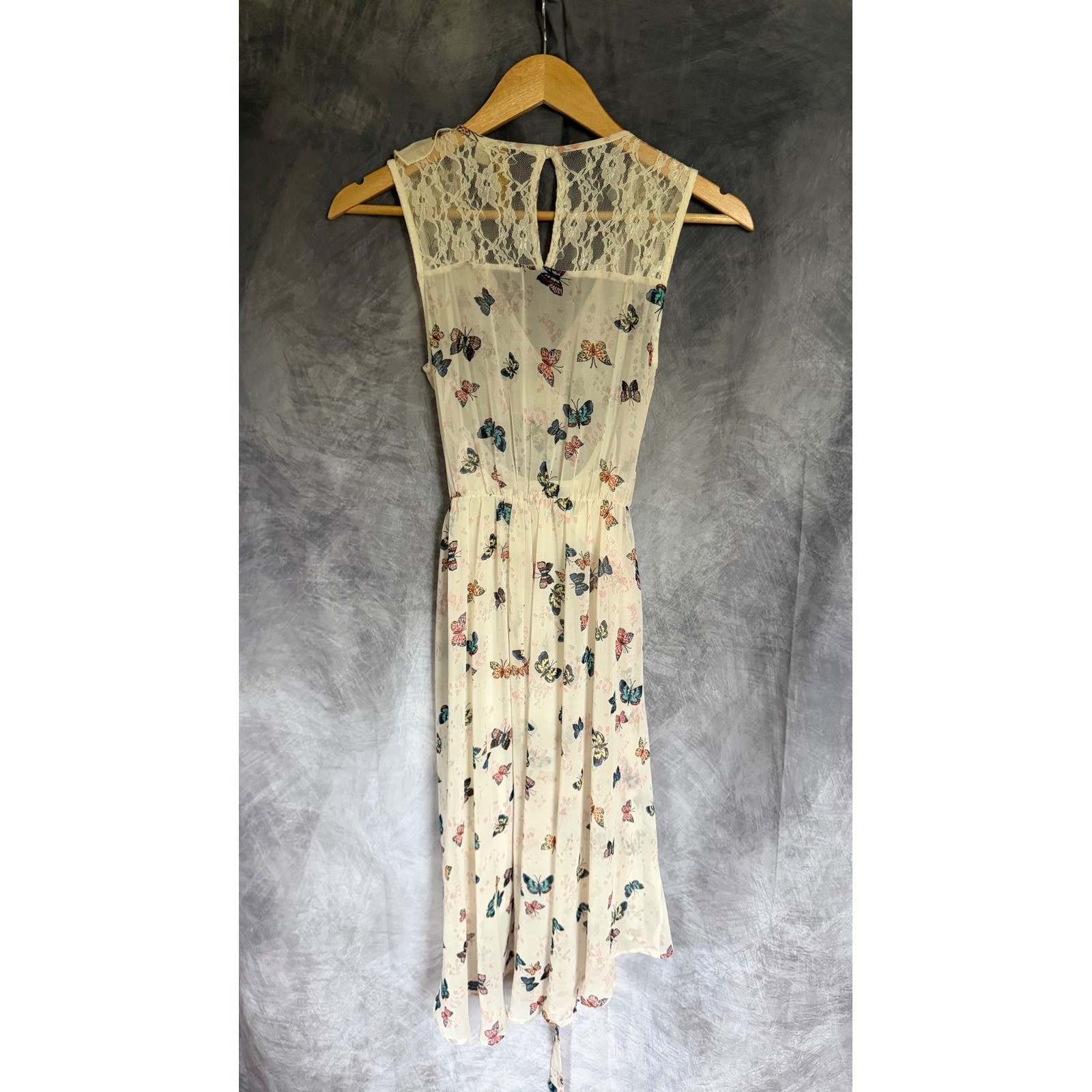 Disney Cinderella Butterfly Print Lace Back High Low Dress Womens Small Cream
