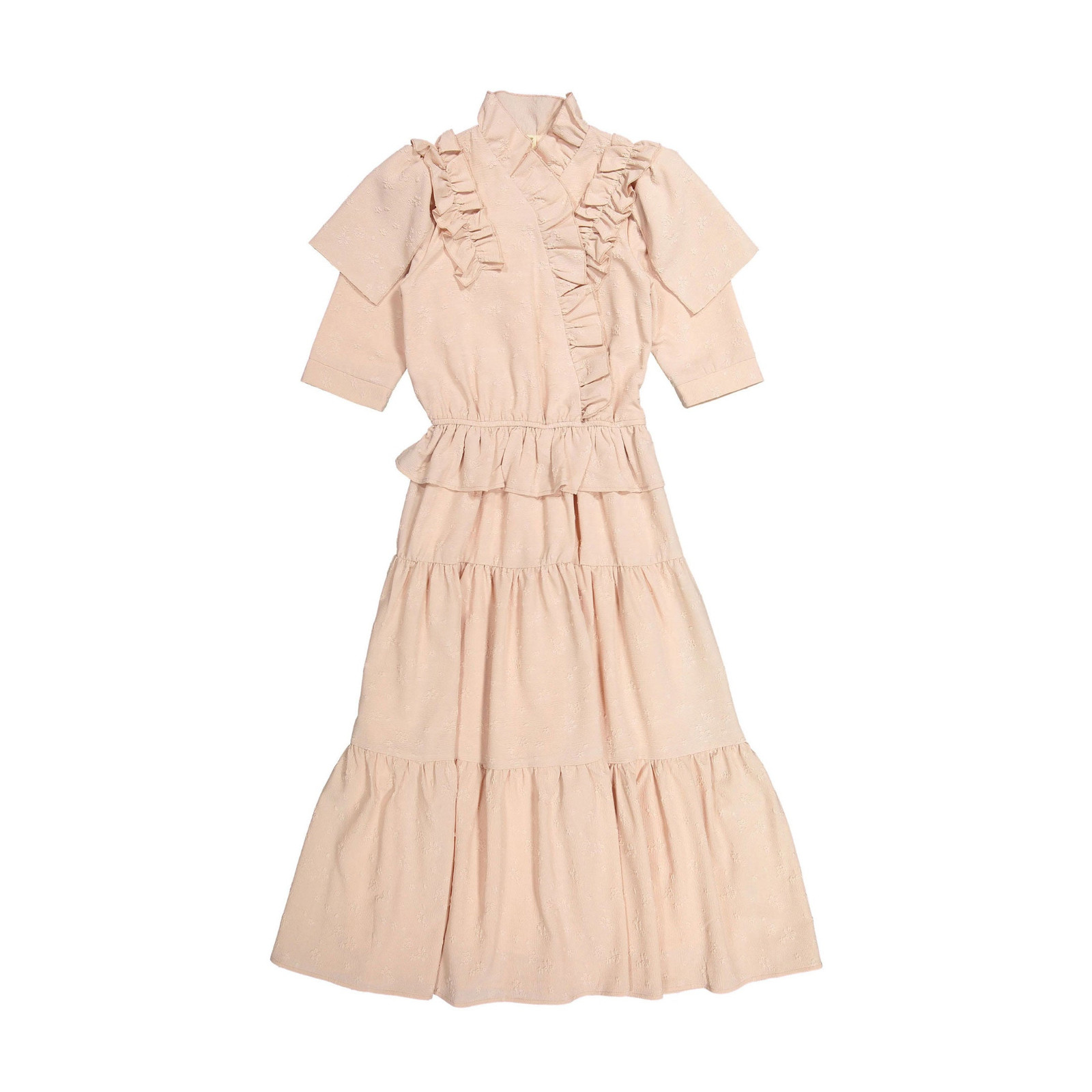 Ladida Powder Pink short sleeve Ruffle Embroidered Tiered Romantic Midi Dress S