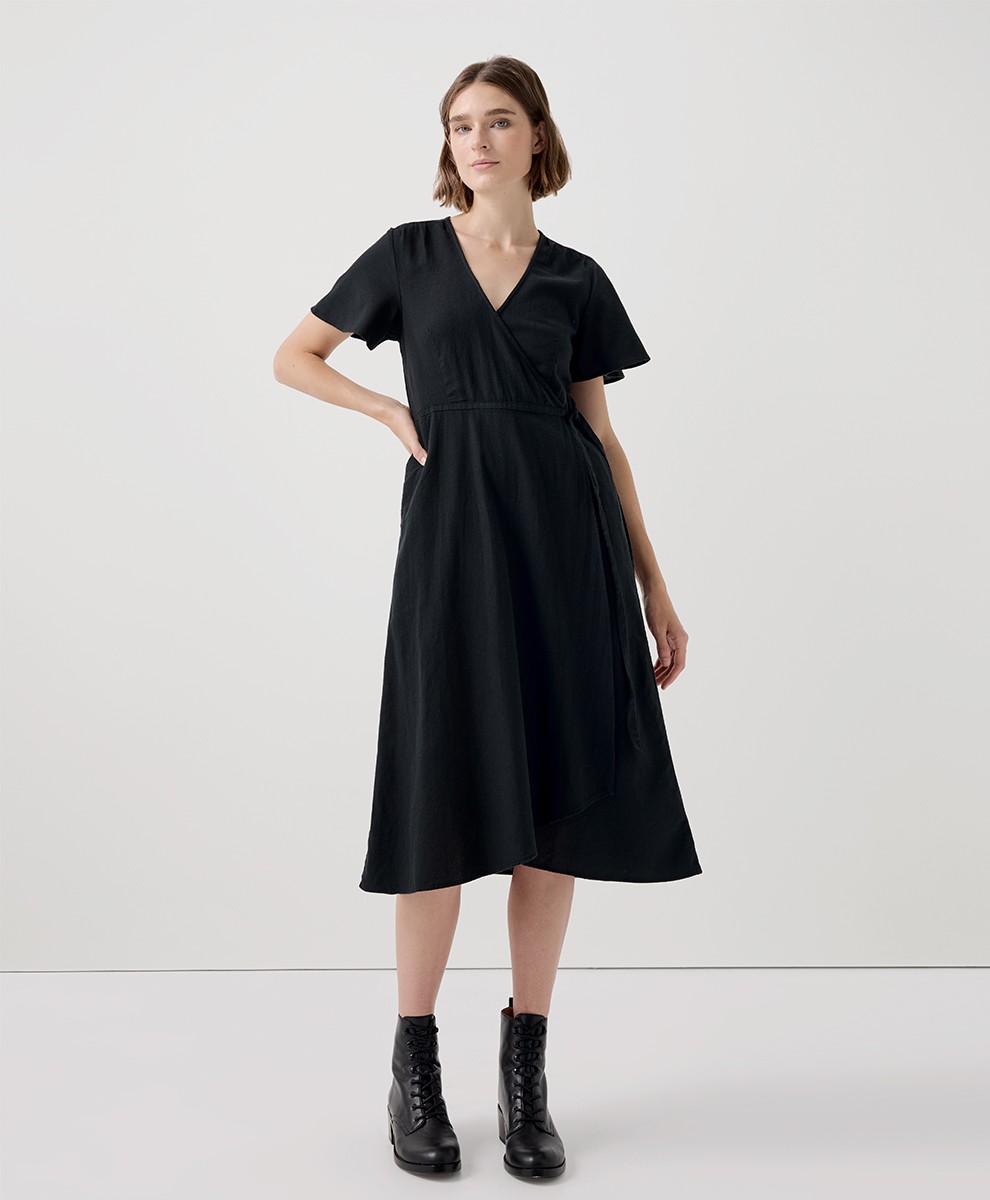 Pact Women’s Large Black Cafe Crepe Wrap Dress Stylish Comfortable