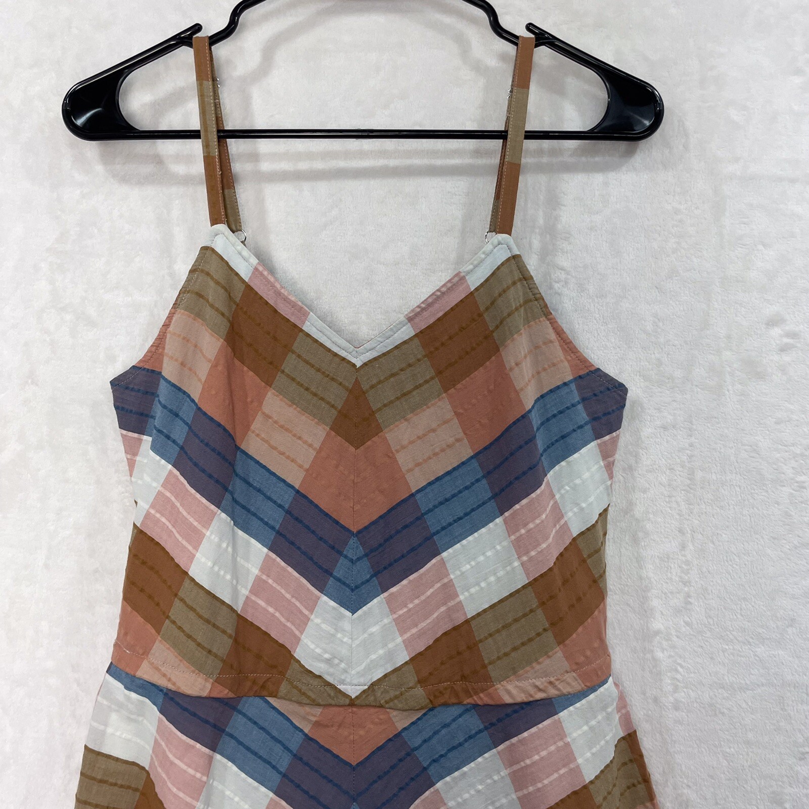 LL Bean Plaid Pleated Strap Dress 4 Small A Line Fit Flare Midi Blue Peach NEW