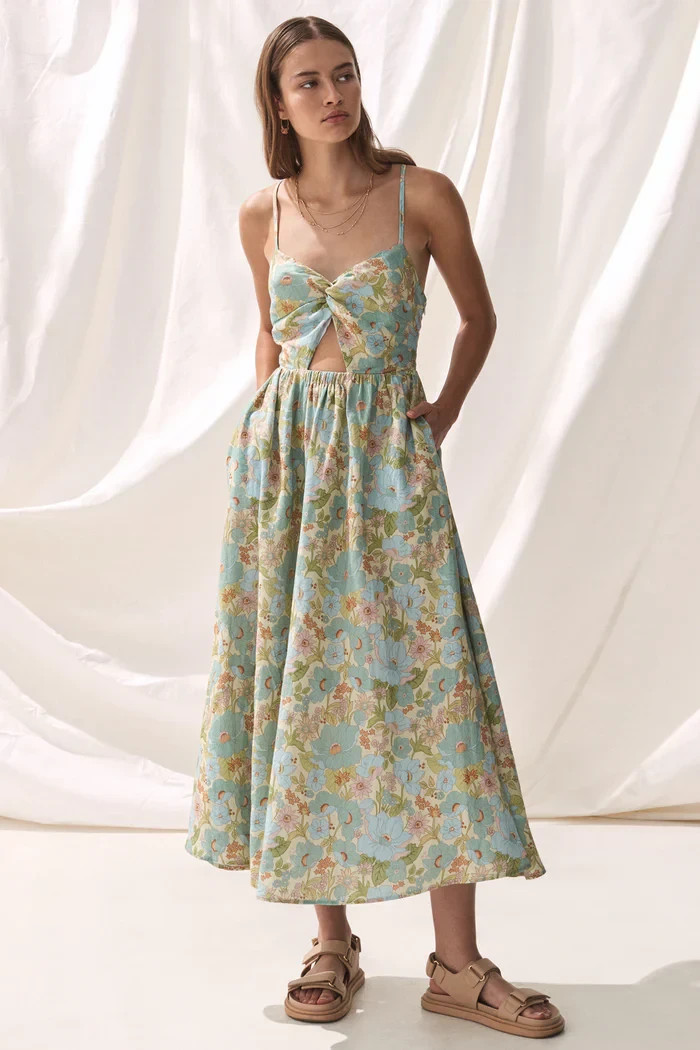 Sancia Alessa Midi Dress XS Floral Cut Out Elastic Waist Lace Up Back Pockets