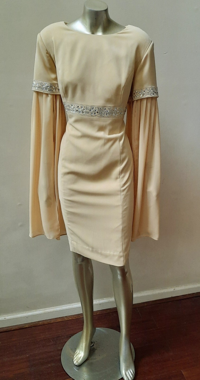 BELL SPLIT SLEEVES BEADED TRIM EMPIRE WAIST MOD MIDI SHEATH DRESS sz 12