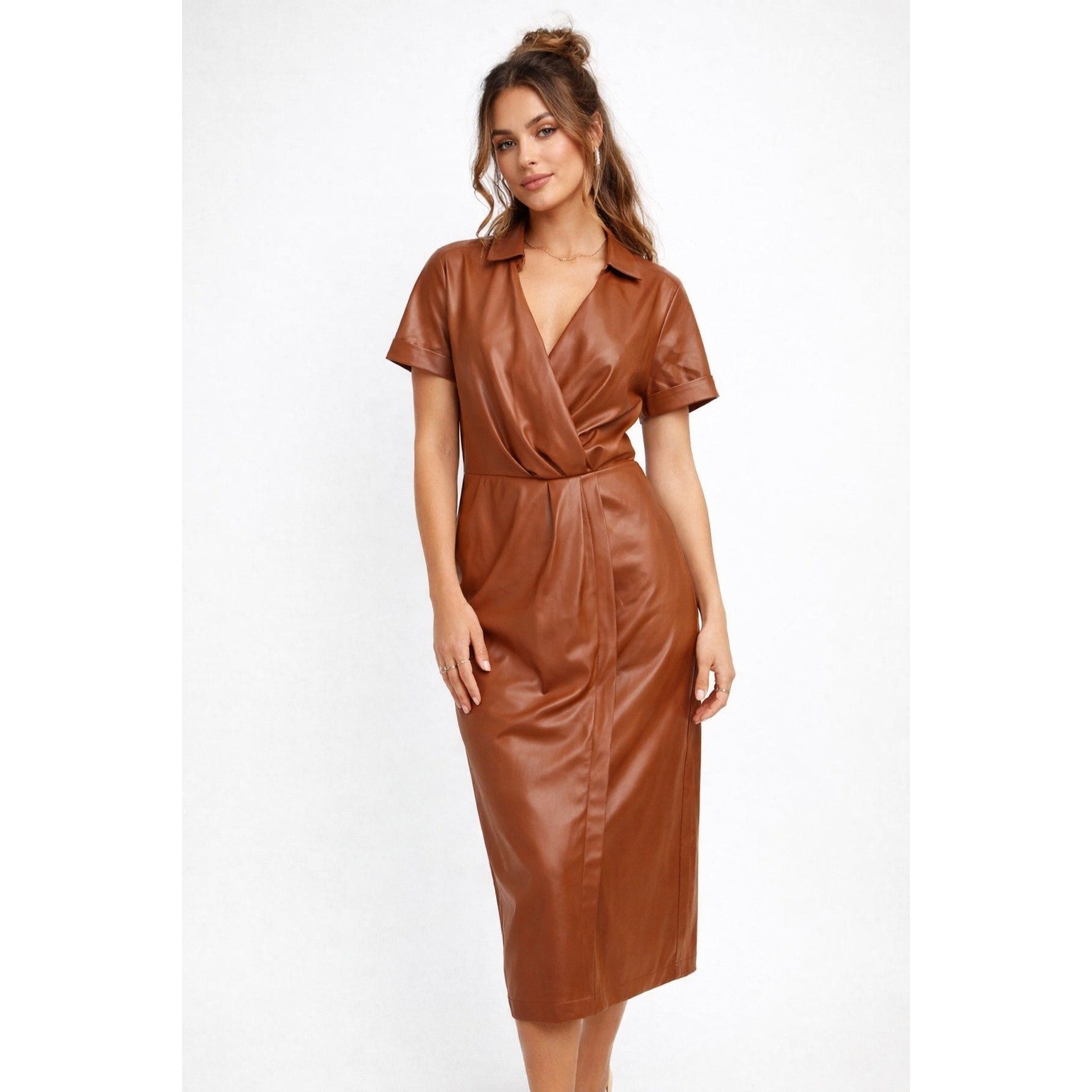 Nine West Faux Leather Wrap Midi Dress Cognac Brown Short Sleeve Small NWT
