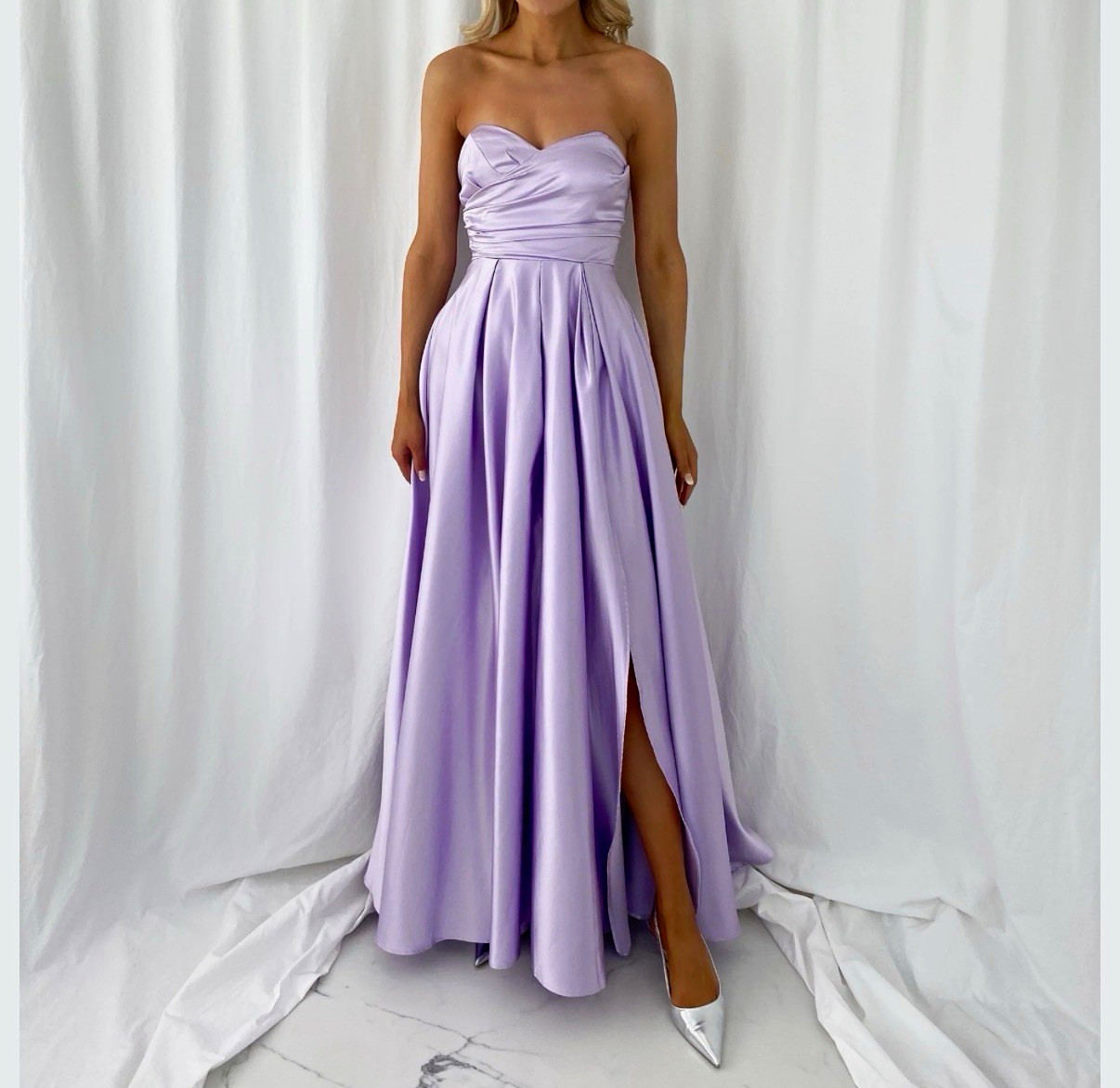 Lulus Princess Moment Lilac Satin Strapless Maxi Dress Sweetheart Slit S