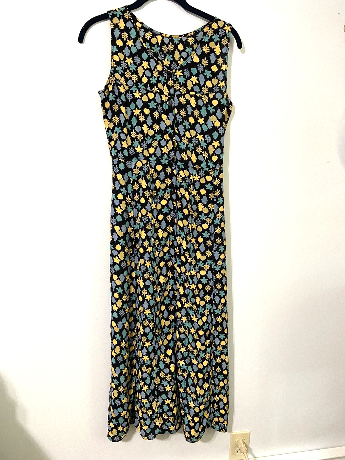 Floral Garden Shirt Dress S- rayon black with yellow and Turquoise leaves