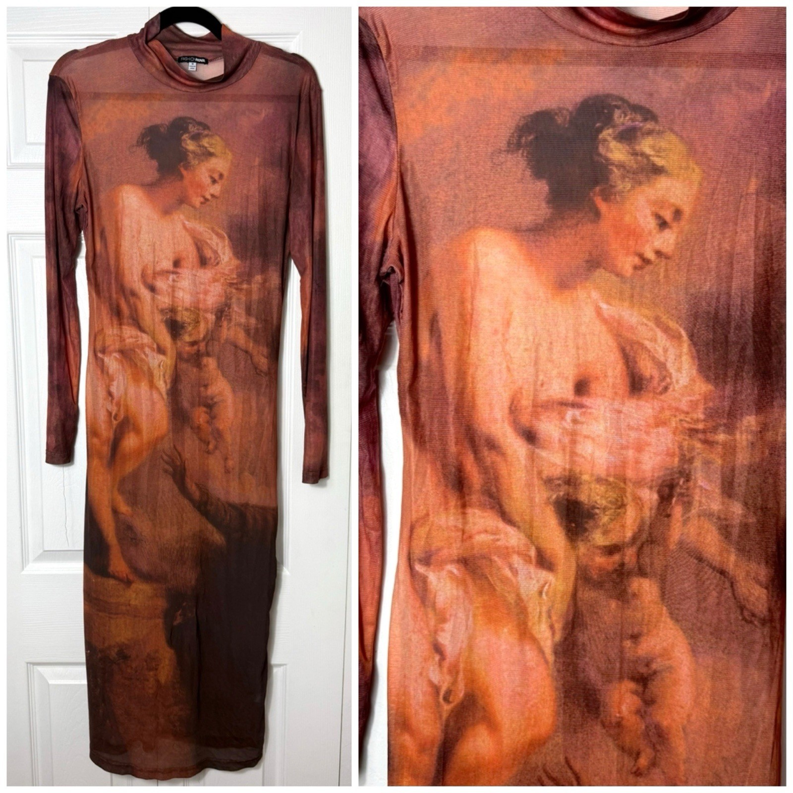 Fashion Nova Rust Orange Renaissance Art Print Fresco Sheer Mesh Maxi Dress 1X