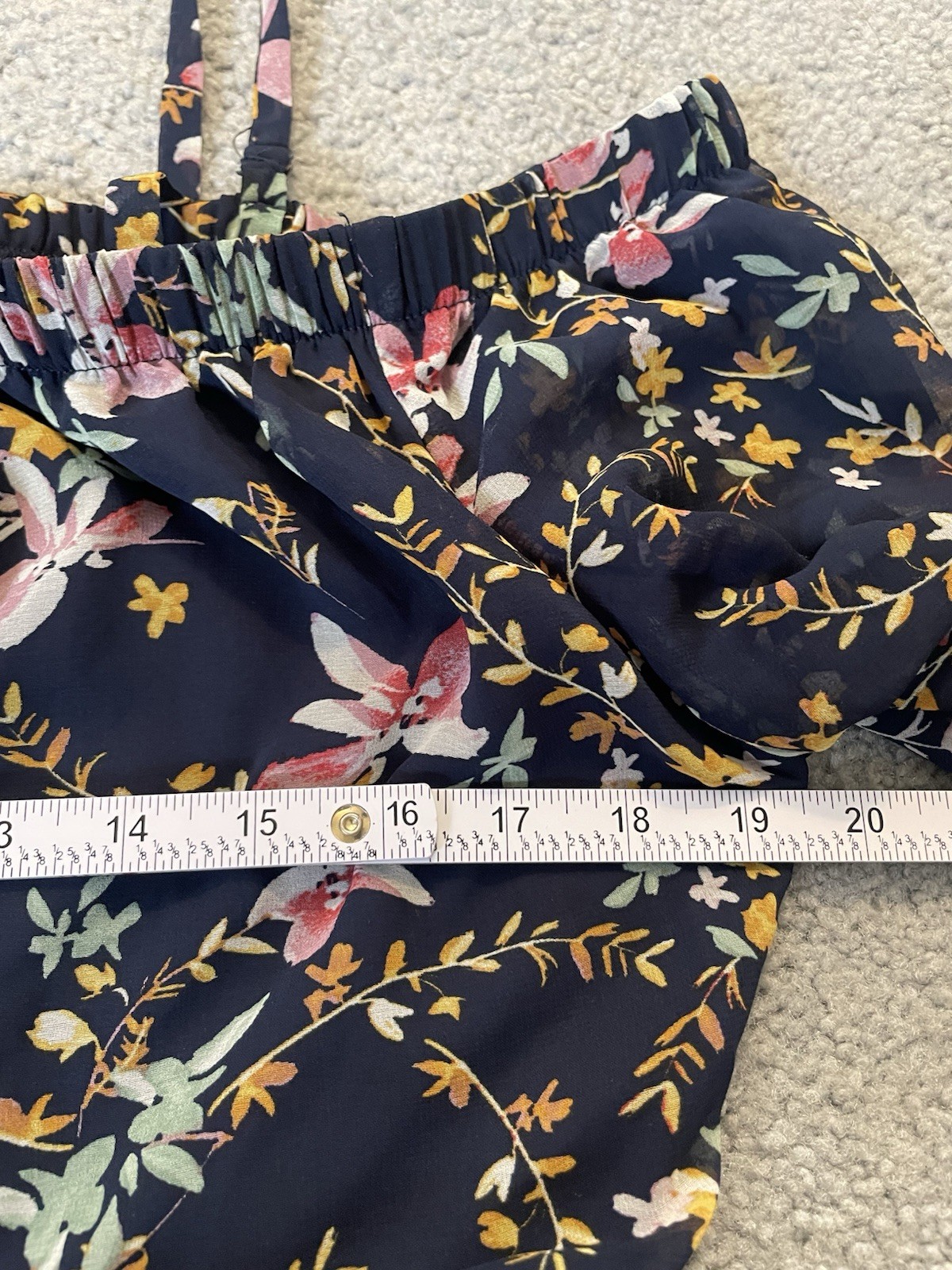 Off The Shoulder Floral Maxi Dress Sz L Navy Gold Elastic Waist Prairie Beach