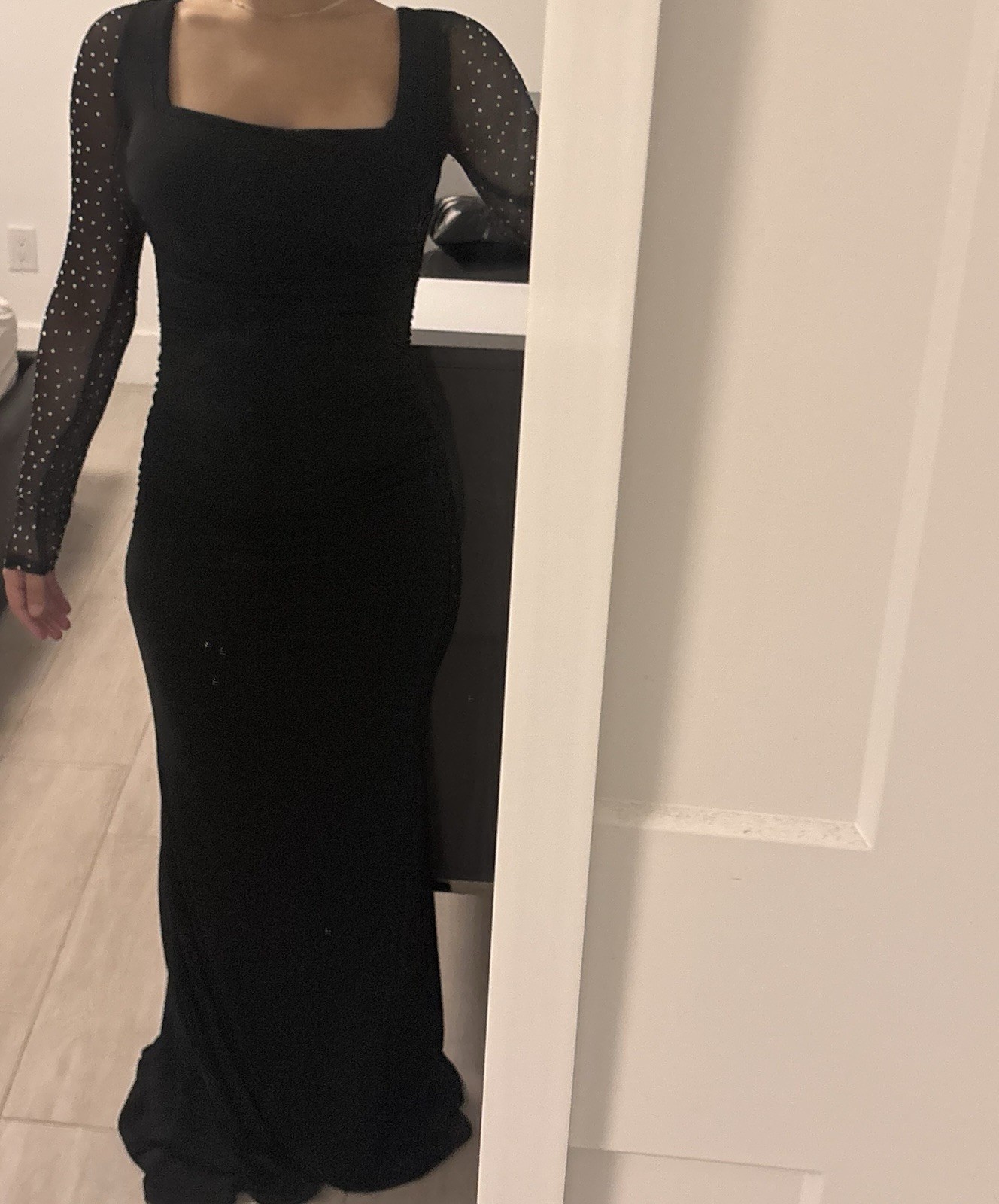 City Studio Black Maxi Dress 1/2 Mesh Rhinestone Sheer Ruched Lace-Up Back