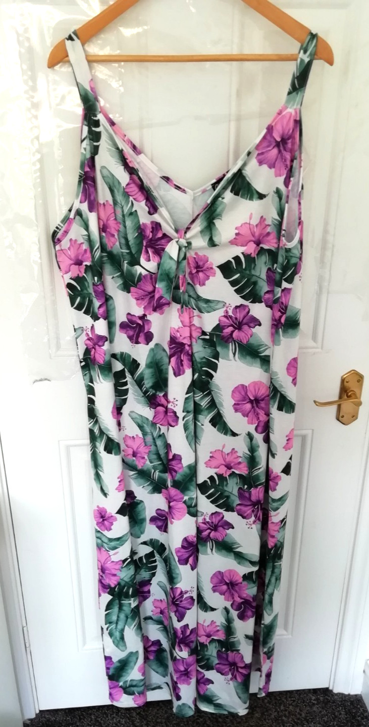 CurveWow Size 26 28 White Purple Green Soft Stretchy Dress Tropical Floral New