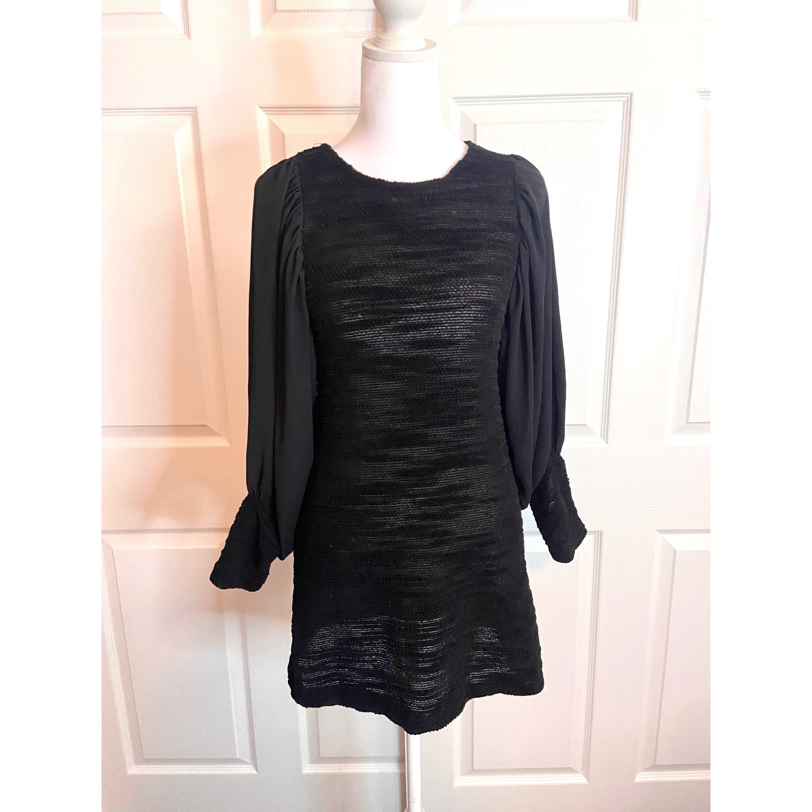 MinkPink Black Textured Knit Mini Dress Sheer Bishop Sleeve Smocked Cuff Small