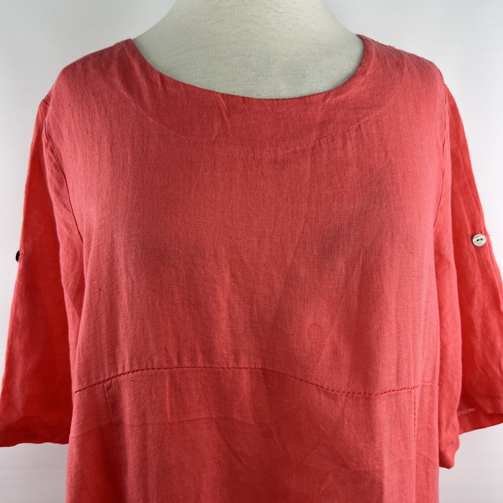 OSO Casuals L Melon Linen Short Roll Tab Sleeves Lagenlook Pockets Italy Dress