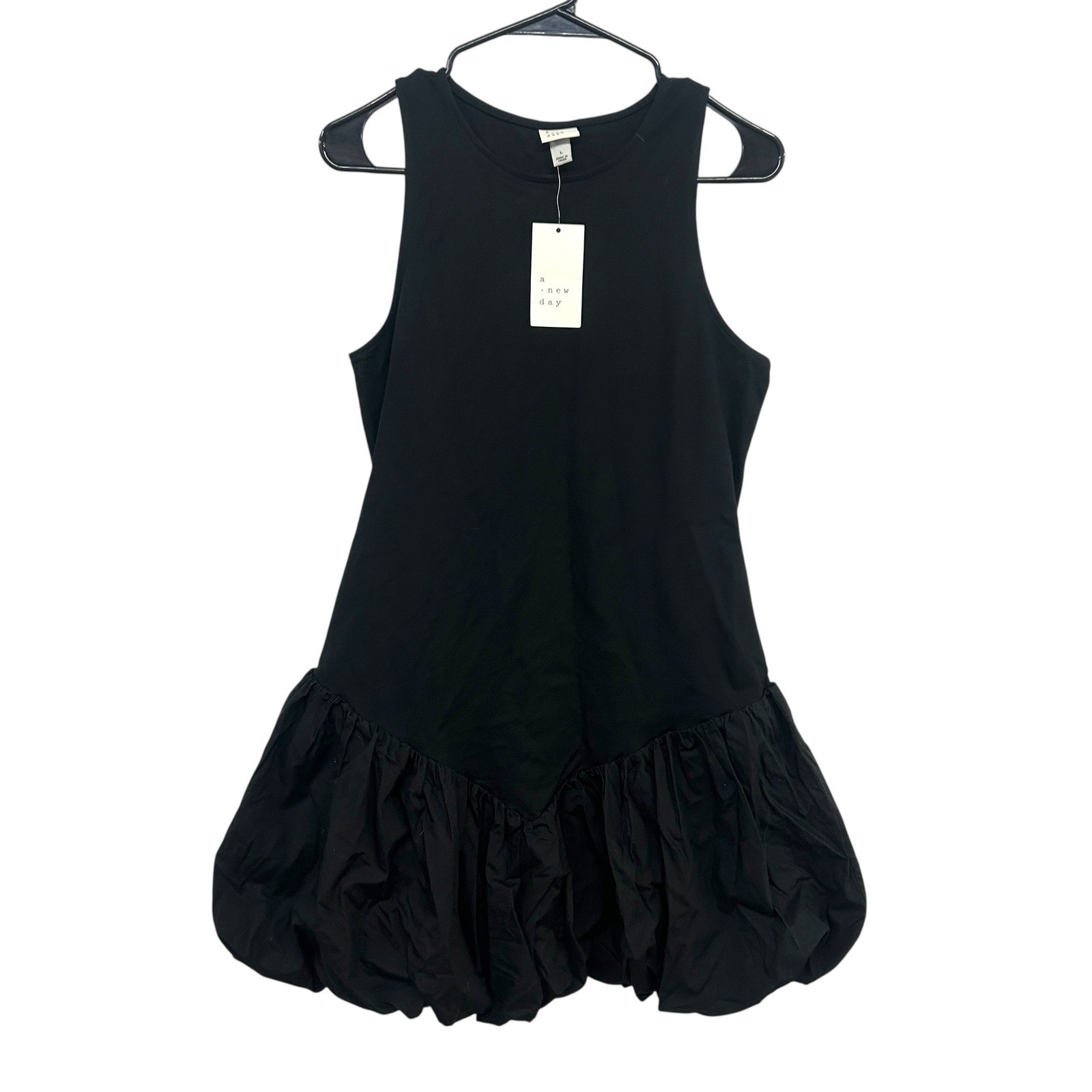 Black Bubble Hem Mini Dress L Minimalist Clean Girl Balletcore Modern Preppy