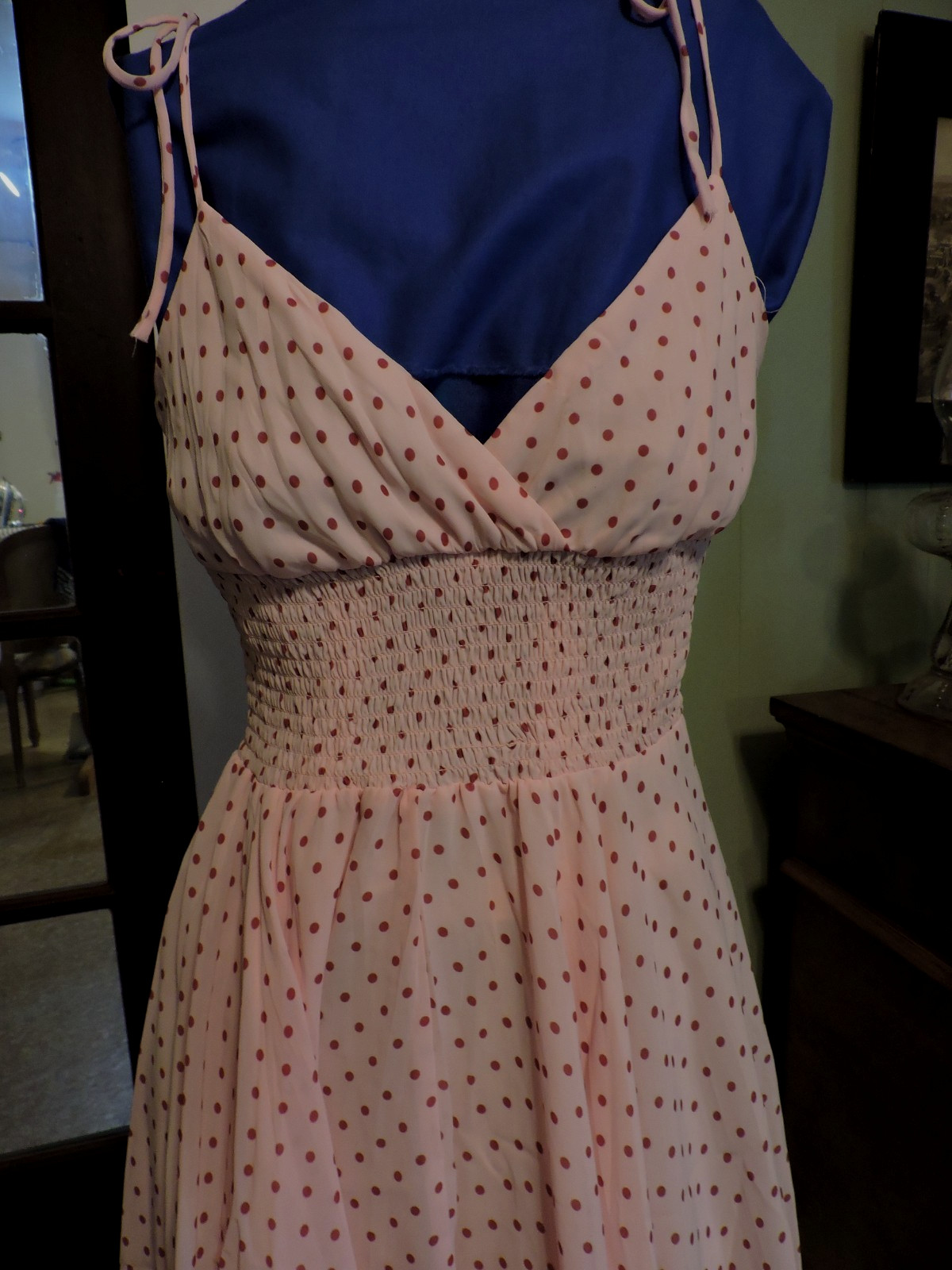 Kookai dress, light rose w/deeper rose polka dots, tie over shoulder