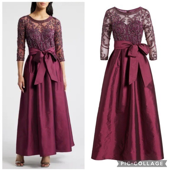 Pisarro Nights Beaded Illusion Neck Taffeta Dress Wine 10