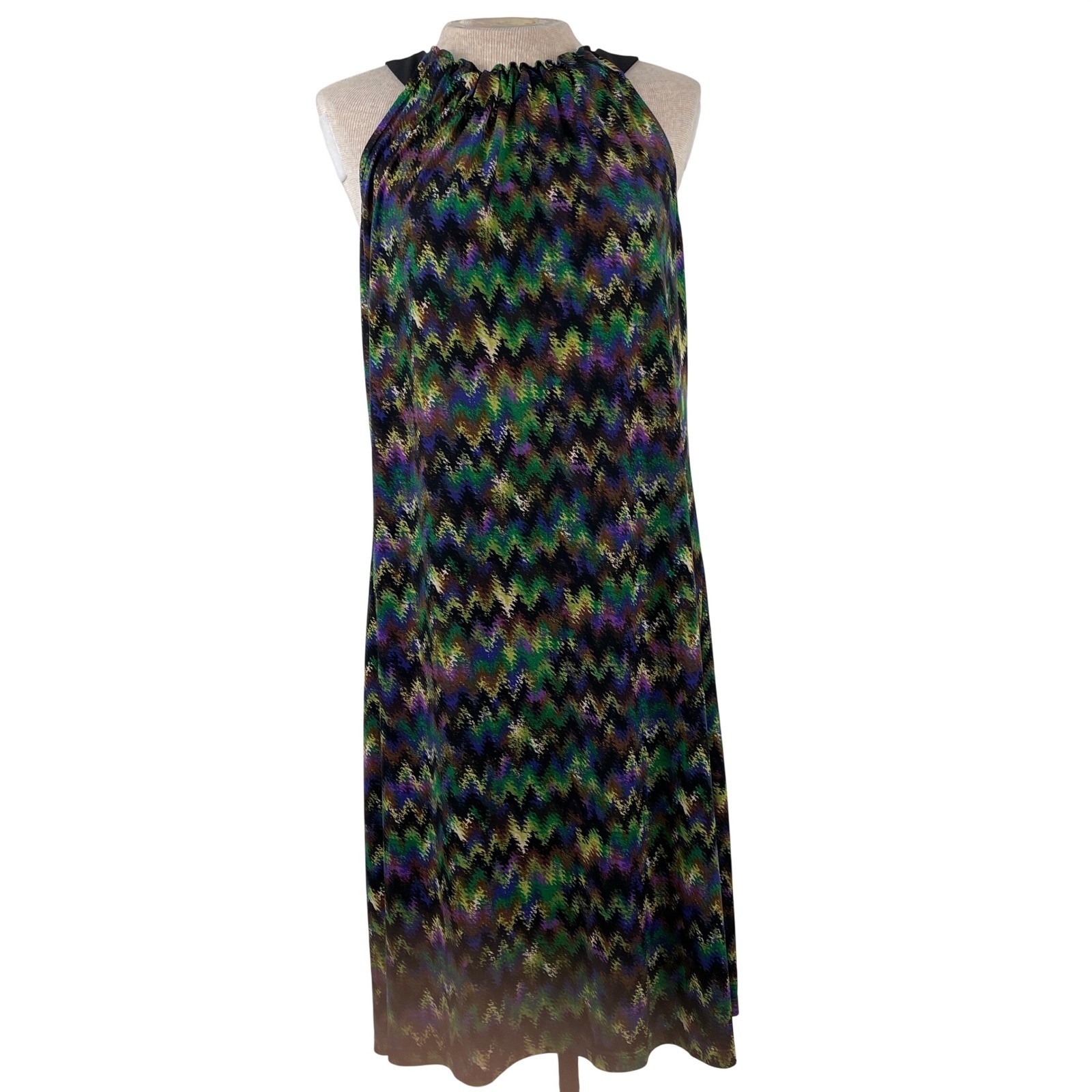 NY Collection Womens Halter Neck Zig Zag Ikat Print Midi Dress Green Purple L