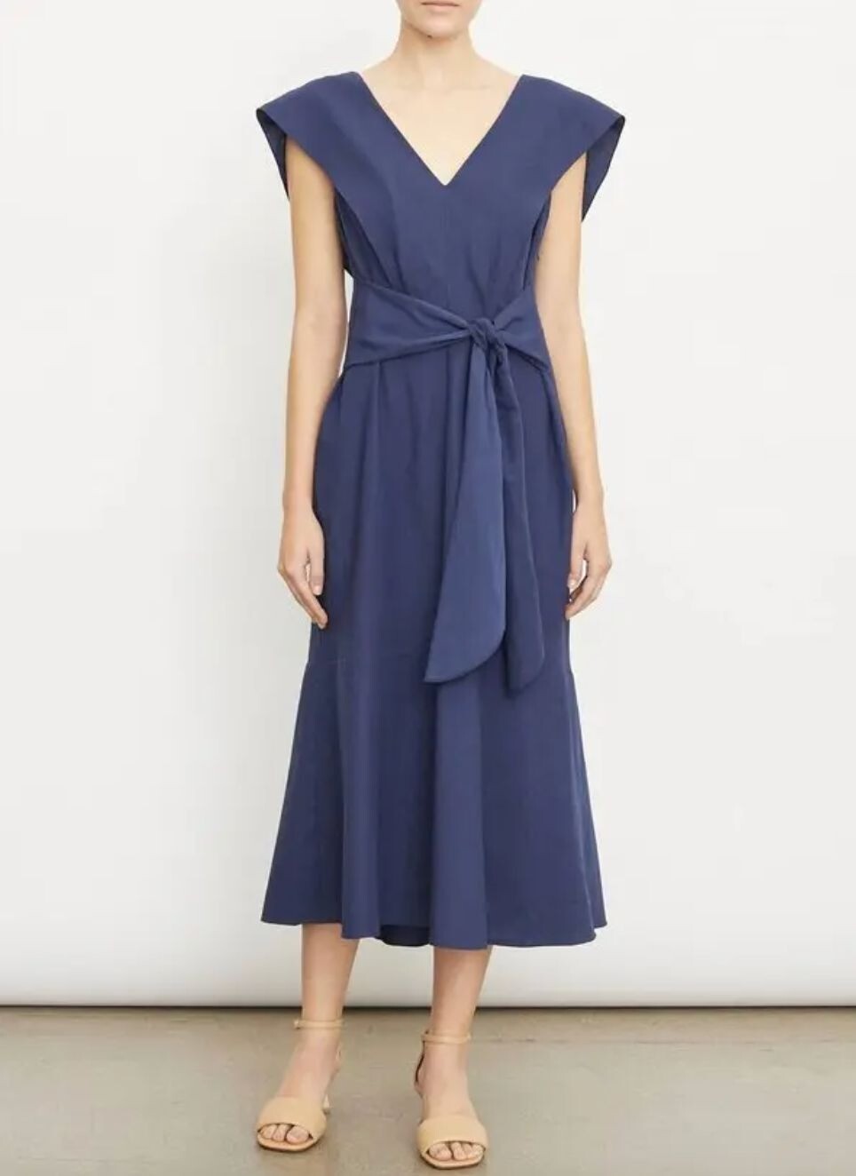 Vince V Neck Tie Back Flutter Sleeve Midi Dress Twilight Blue Womens Size XL