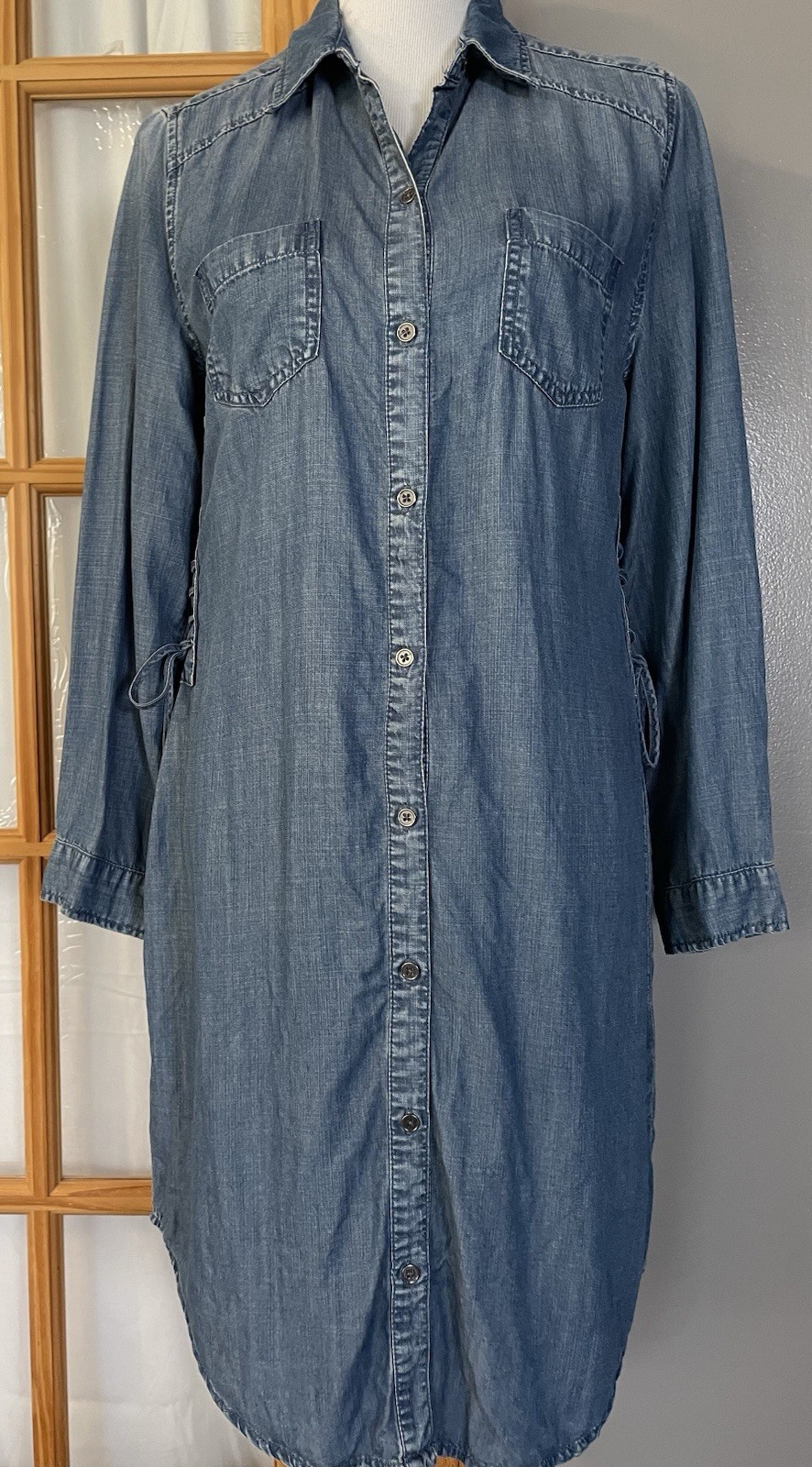 Chicos Tencel Button Up Midi Dress Sz 10 Blue Side Lacing Western Party Classic