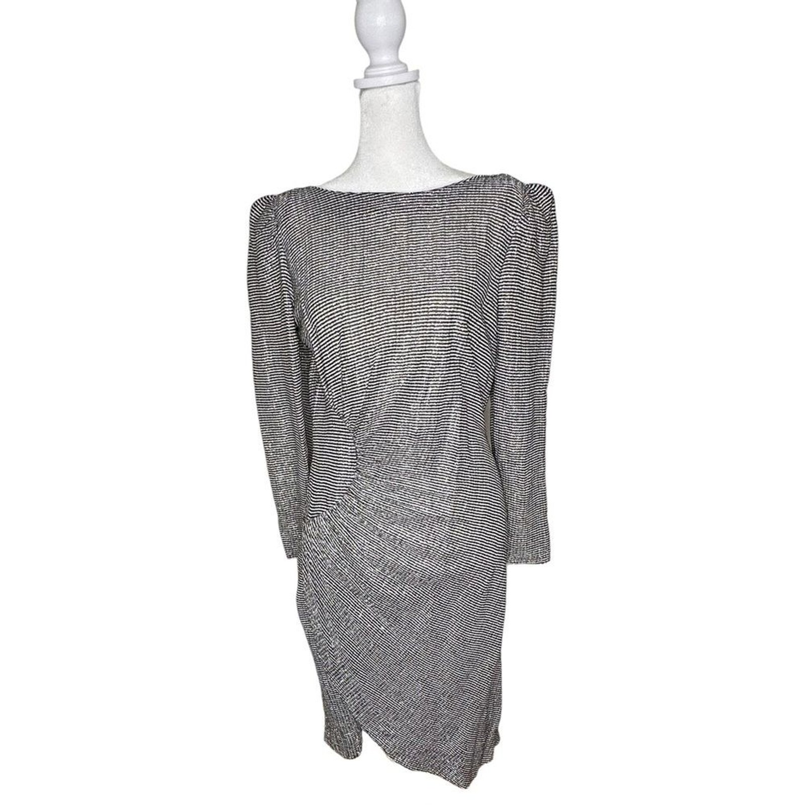Vintage 50s-70s Black & silver Long Sleeve Ruched Sheath party Midi Dress