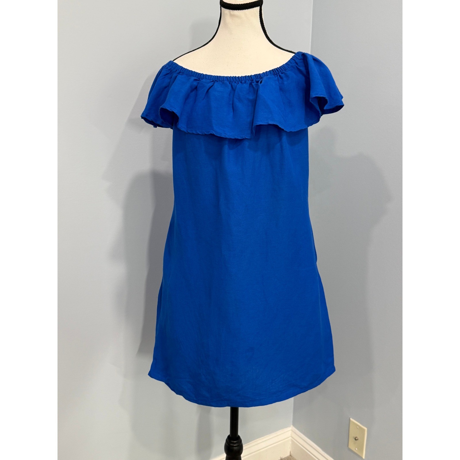 Tommy Bahama St. Lucia Blue Linen Off The Shoulder Ruffle Dress Pockets Size S