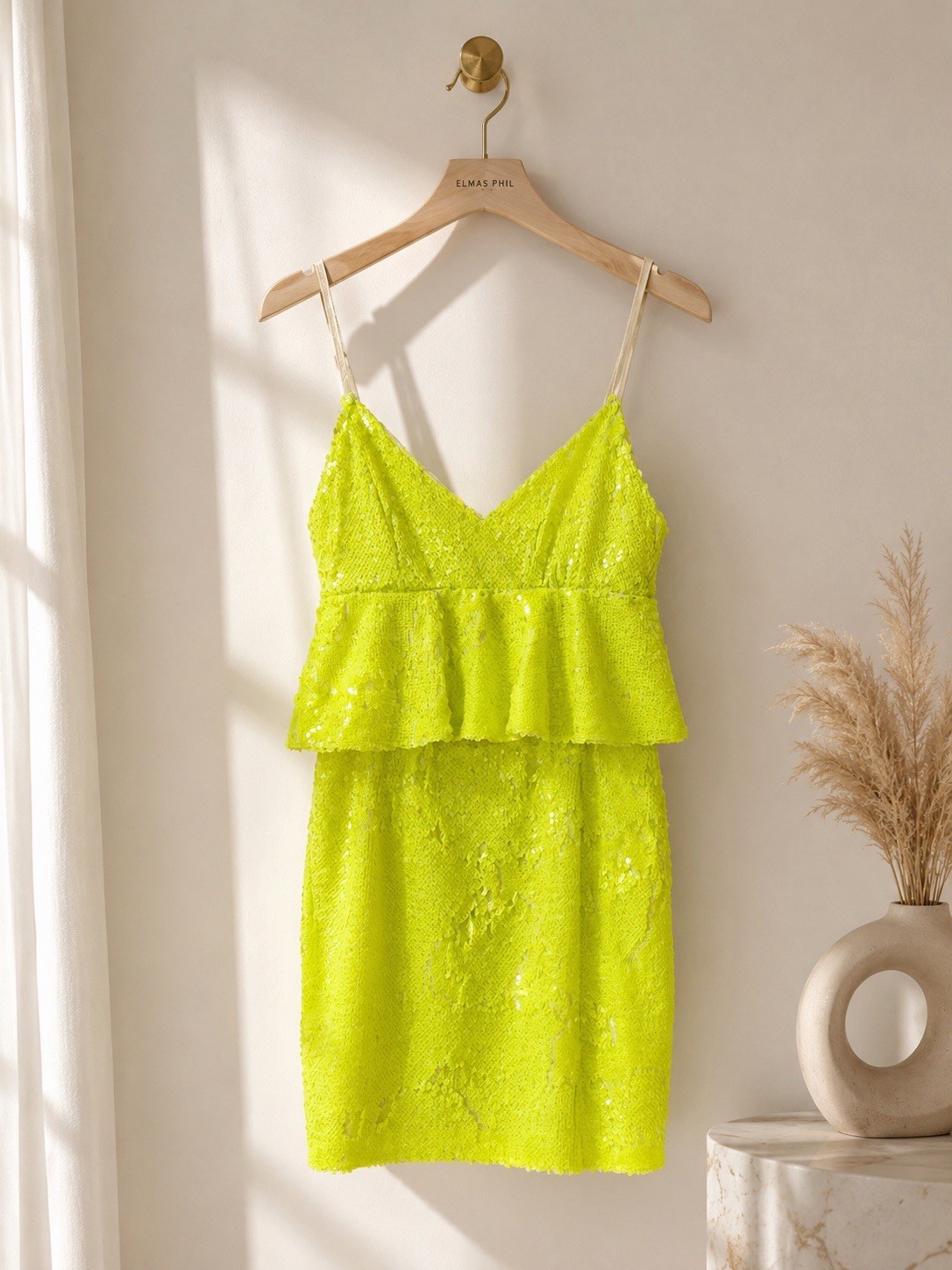Elmas Phil NWT Neon Lime Green Sequin Peplum Mini Dress XS Party Rave Vegas