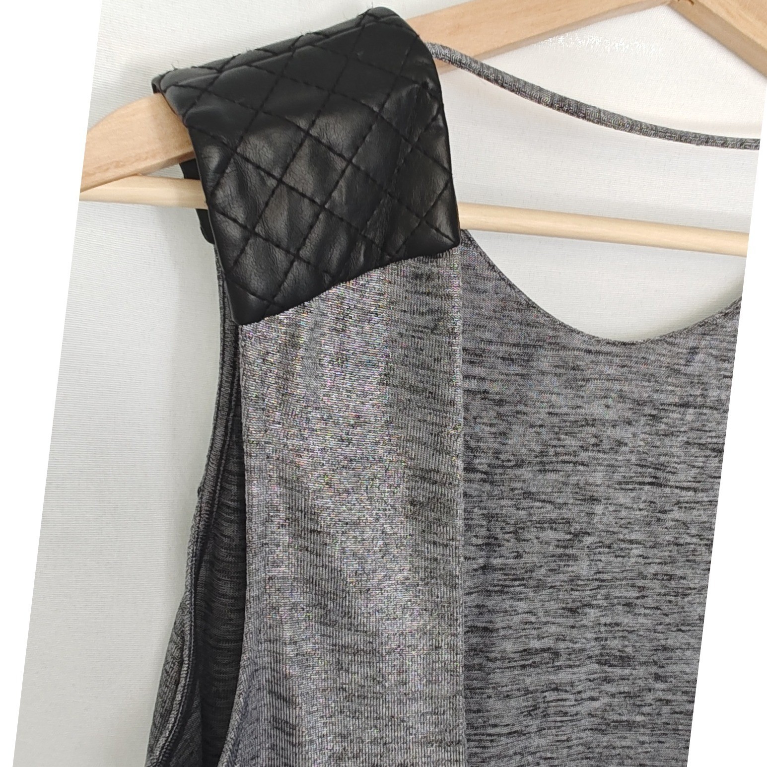BCBGeneration Dress Grey Metallic Quilted Faux Leather Detail Shift High Low M