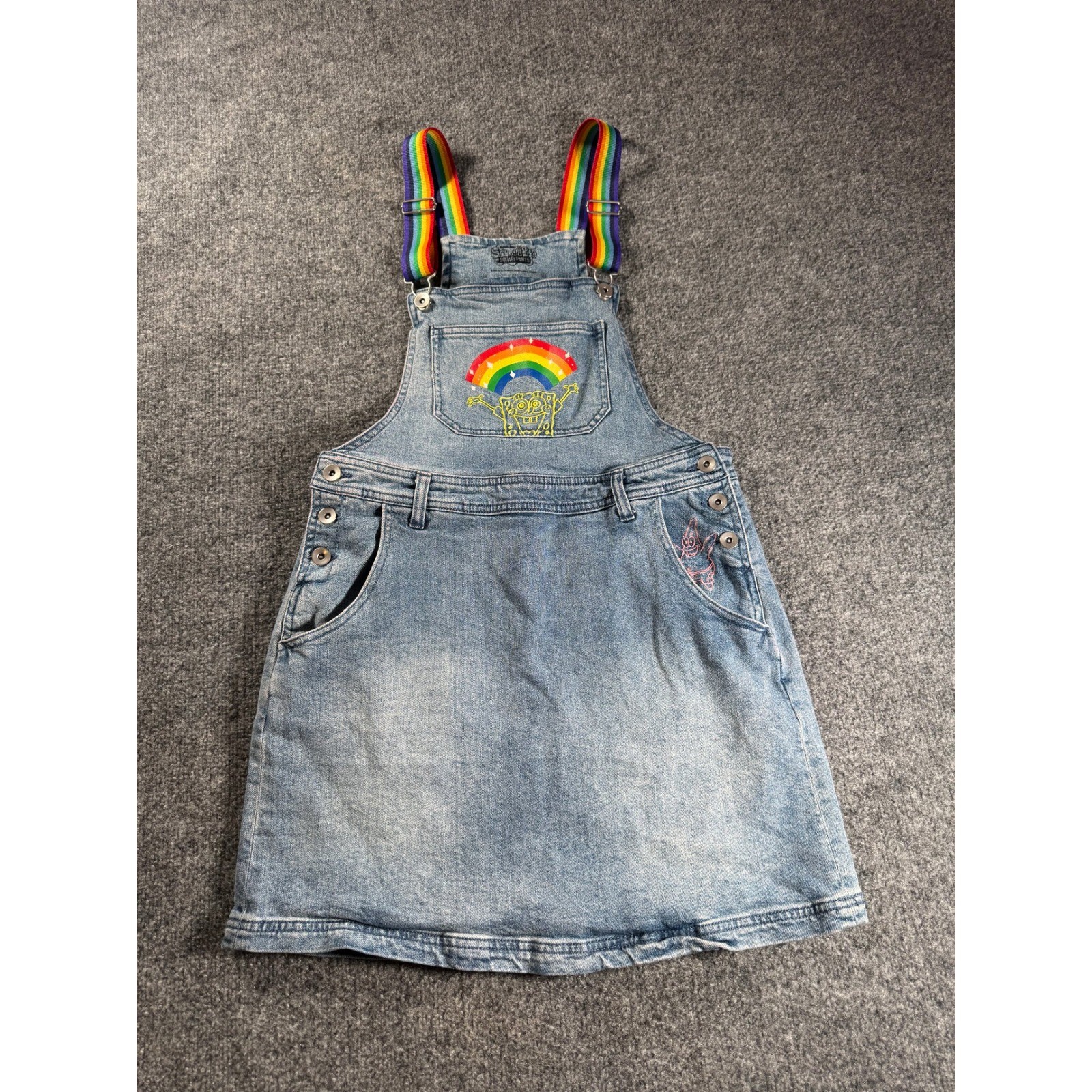 SpongeBob SquarePants Rainbow Denim Overall Dress Womens Medium Light Wash Blue