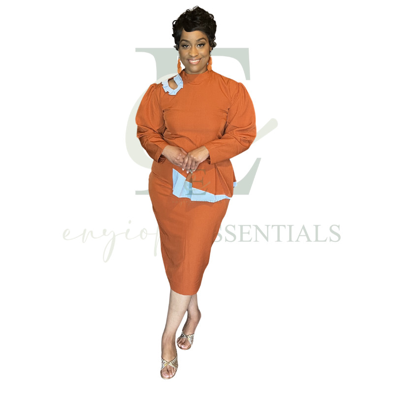 Autumn Crest – Peplum Waist, Midi Length, Crepe Polyester (UK 18 / US L-XL)