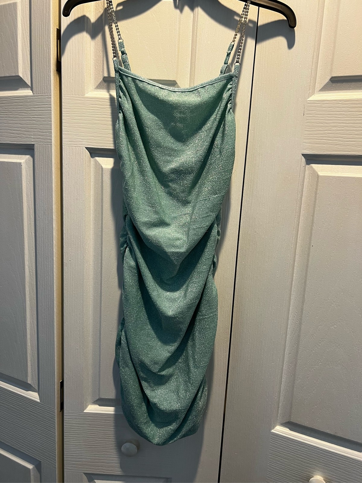 Teal Glitter Ruched Bodycon Mini Dress Rhinestone Chain Straps Sleeveless
