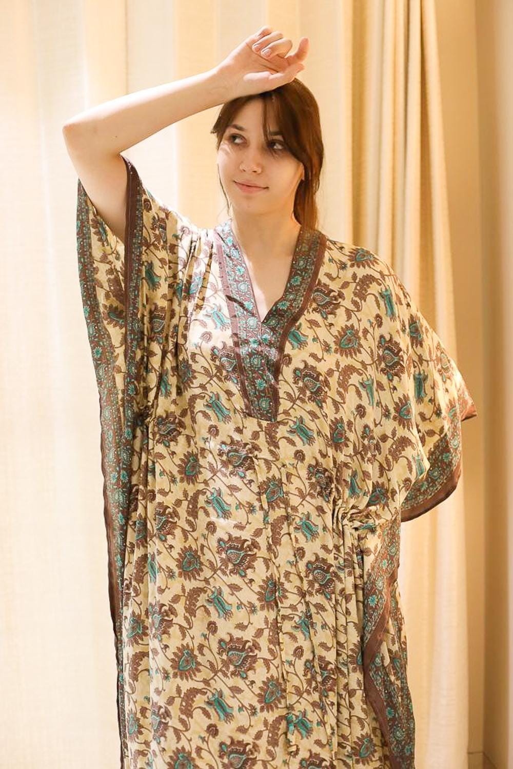 Handmade Silk Beige Long Kaftan / Upcycled Free Size Dressing Gown PS MFN1002