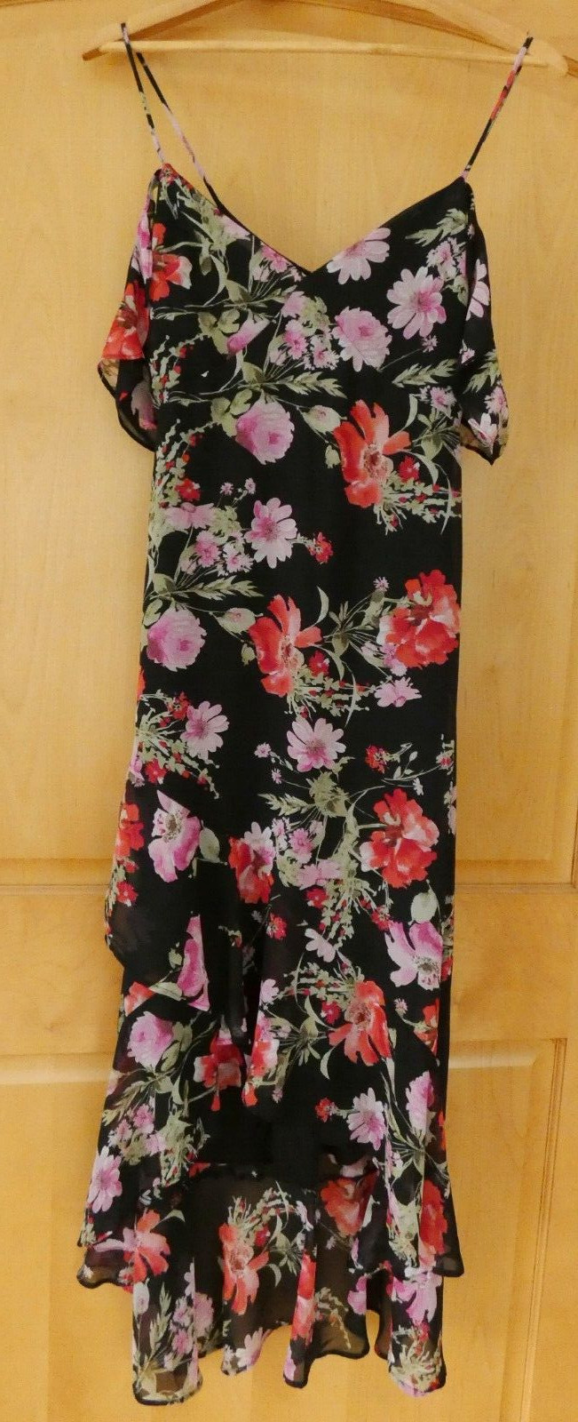 Speechless Ruffled Hem High-Low Maxi Cold Shoulder Dress Black Floral NWT size S