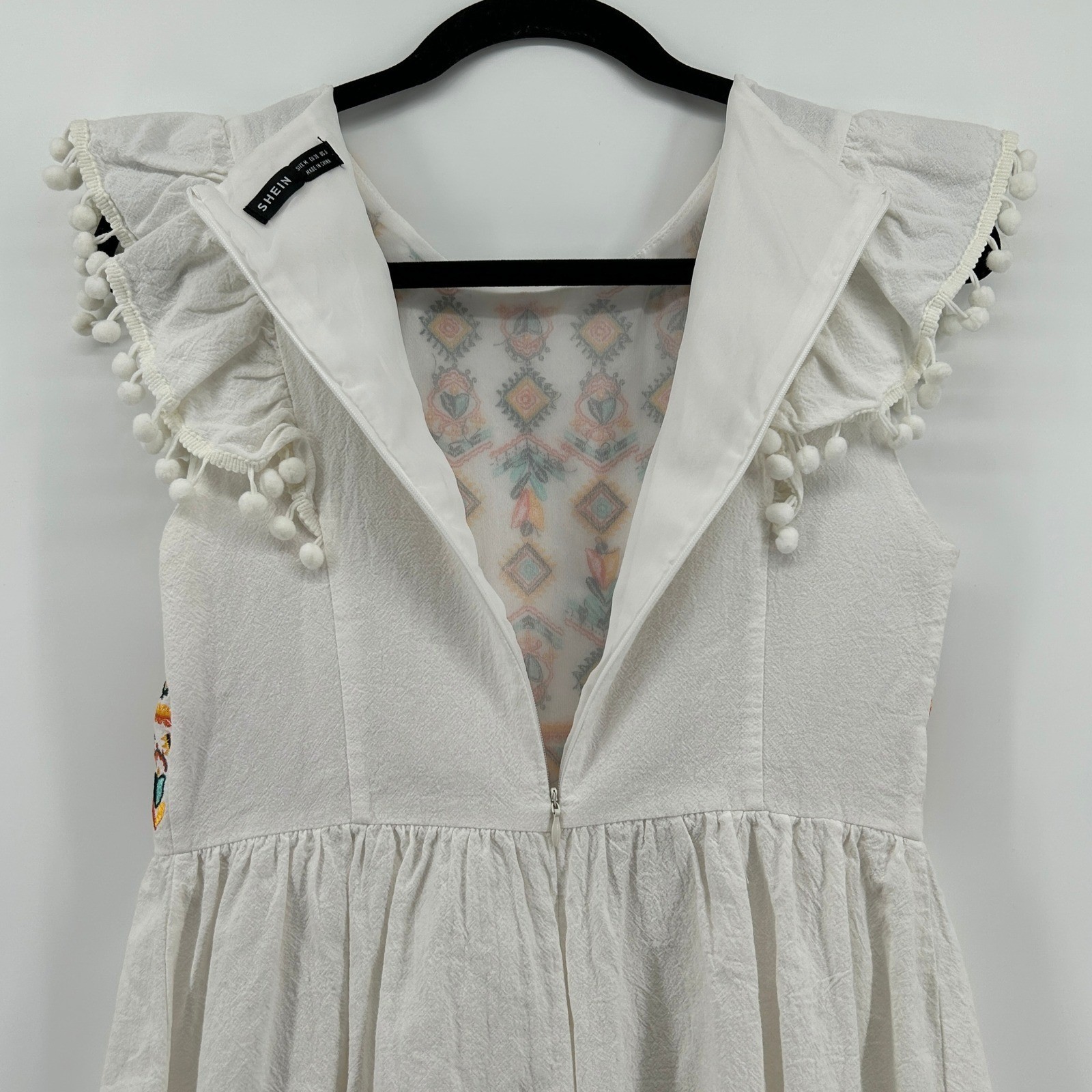 SHEIN White Colorful Embroidered Pom Pom Ruffle Mini Dress Cotton Med Boho Aztec
