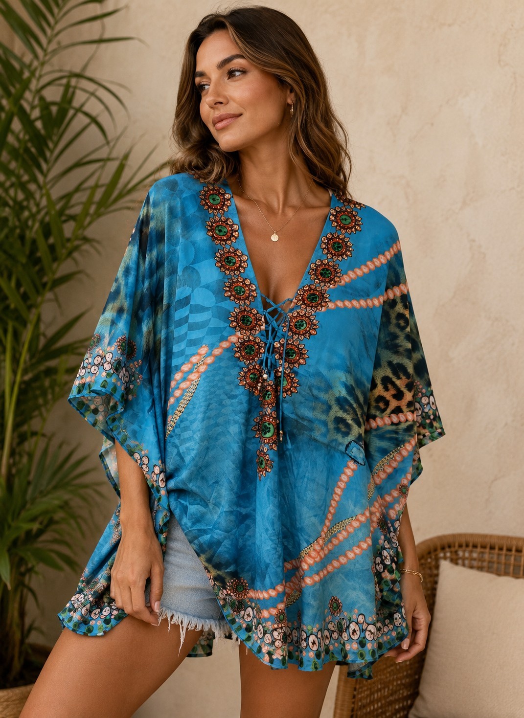 Sakkas Women’s Blue Boho Kaftan Tunic Top One Size Embellished Beach Cover Up