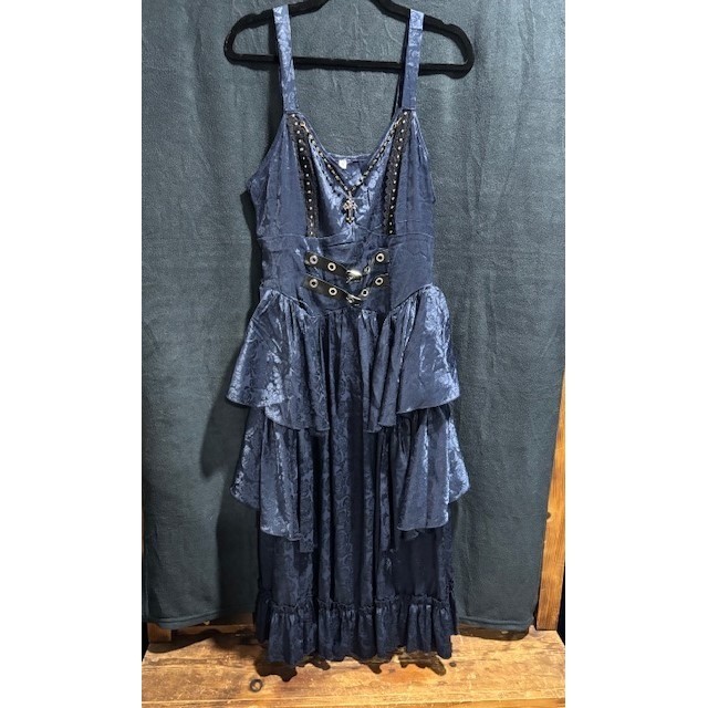 Gothic Navy Blue Floral Jacquard Tiered Ruffle Midi Dress Buckle Detail 0XL