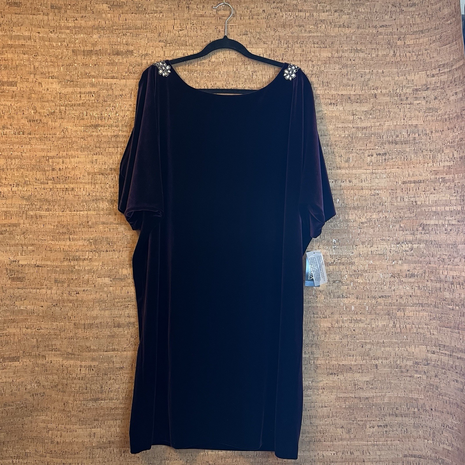 Alex Evenings Aubergine Solid Velvet Rhinestone Short Sleeve Sheath Dress 18