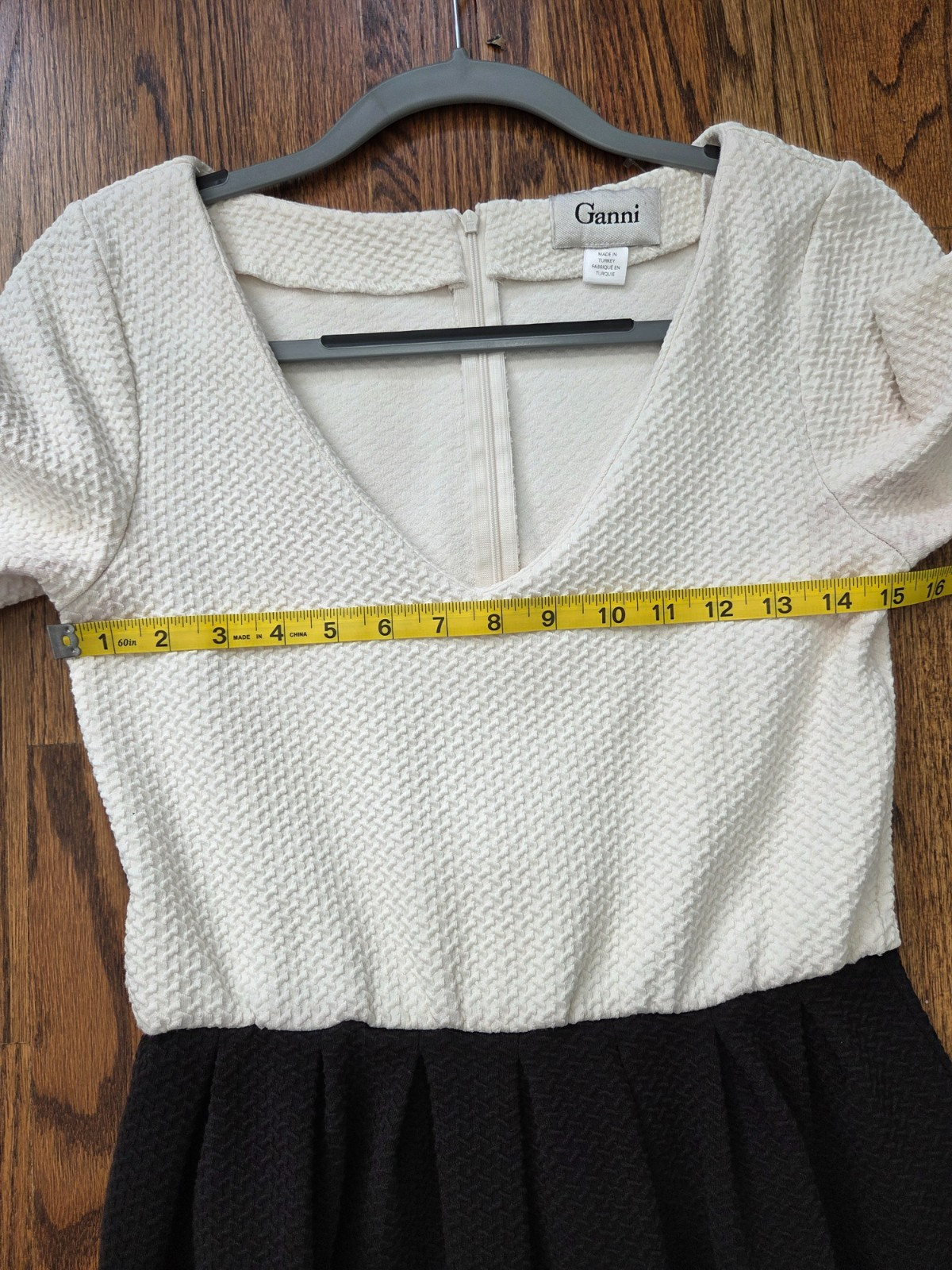 Ganni Ivory Black Textured Fit & Flare Mini Dress V-Neck Short Sleeve