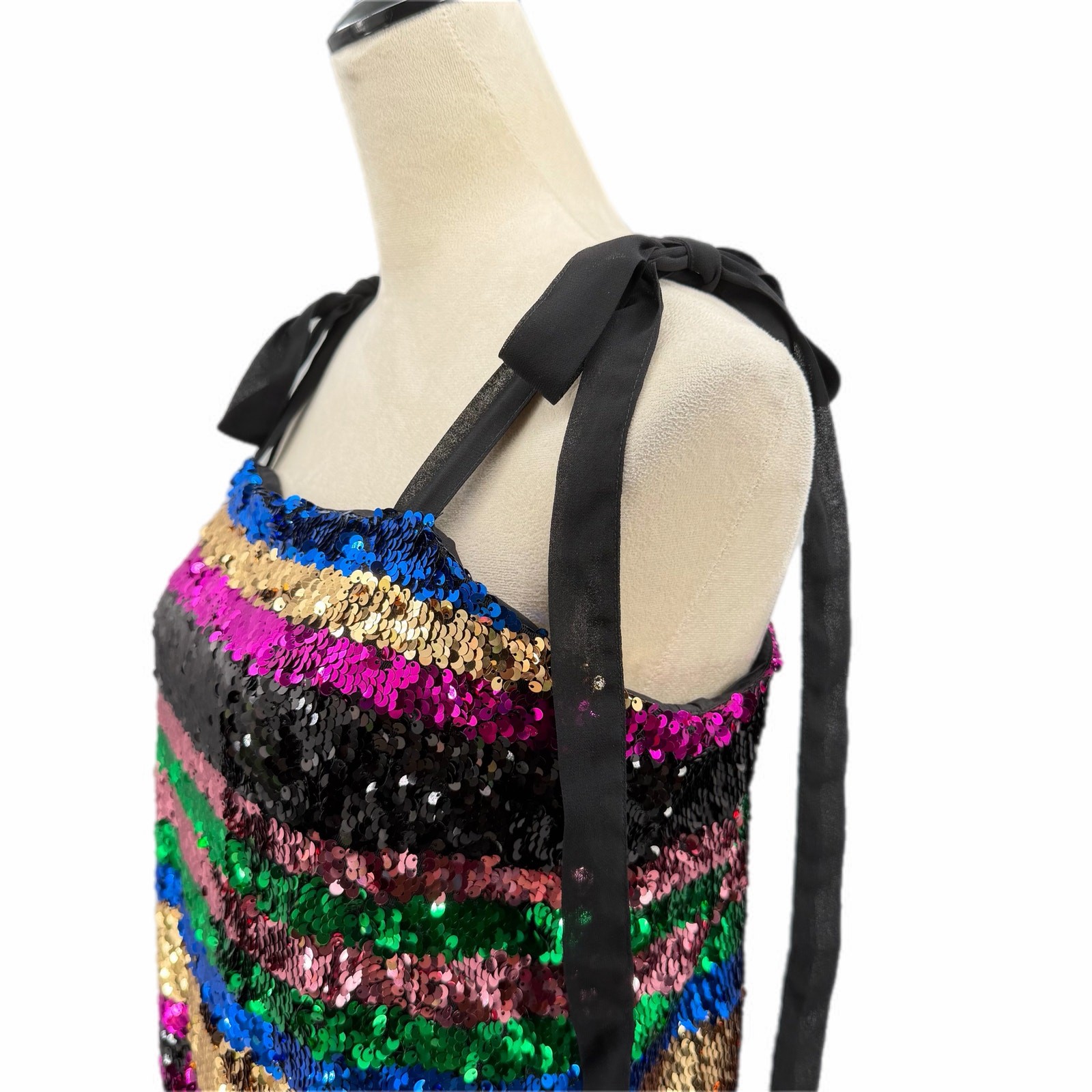 Lea & Viola M Black Multi Color Sequin Stripe Mini Sleeveless Ties Shift Dress