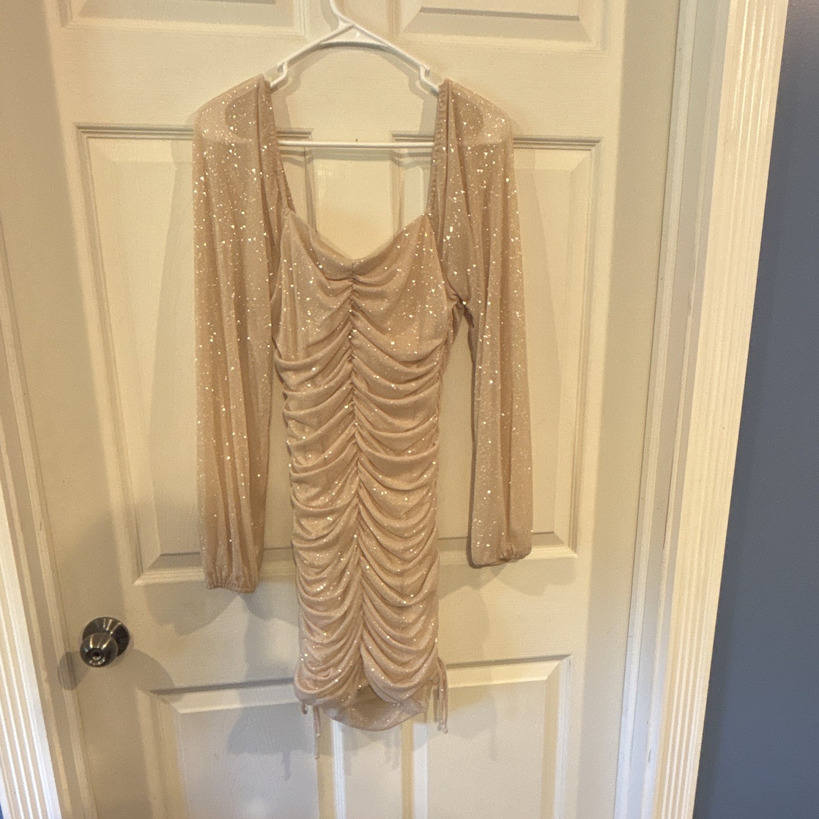 Jump Apparel Beige Glitter Mesh Ruched Cowl Neck Long Sleeve Bodycon Mini L