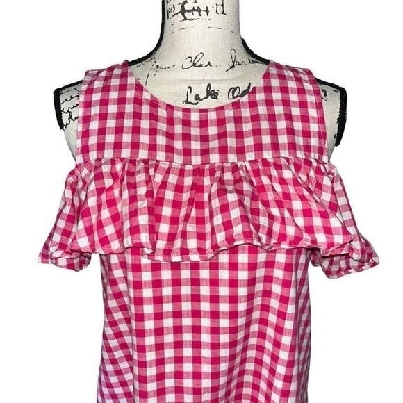 Peach Love California Pink Gingham Ruffle Cold Shoulder Mini Dress Small