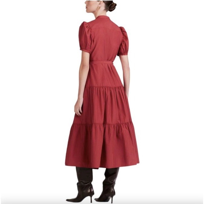 Derek Lam Alexandra Red Puff Sleeve Midi Dress | Size 4 | Tiered Button Front
