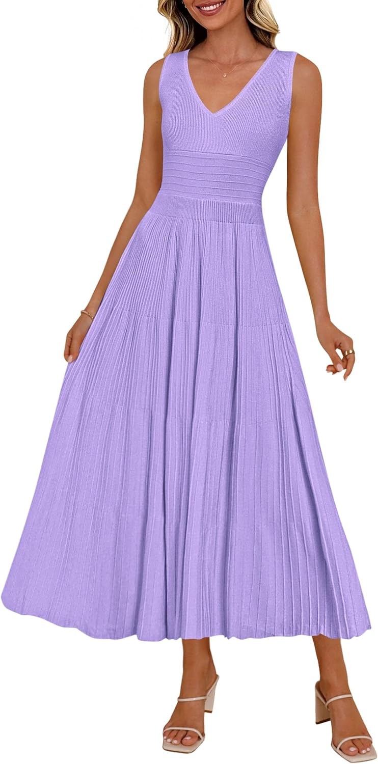 Summer Dresses for Women 2026 Spring Casual Sleeveless V Neck Pleated Midi Work