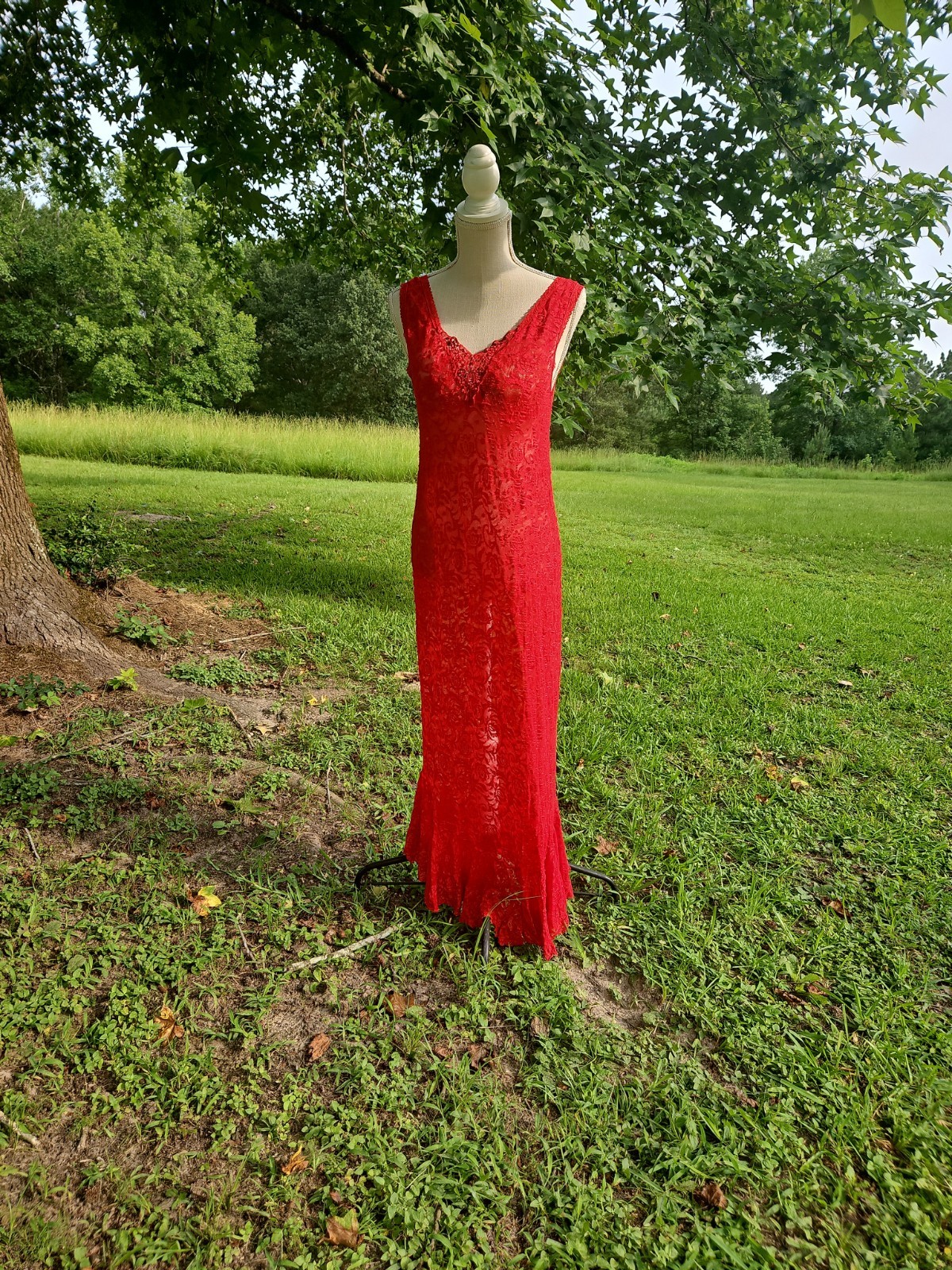 Red Maxi Lacy Semi Sheer Sz S Coquette Sweetheart Neckline Bodyhugging Strectchy