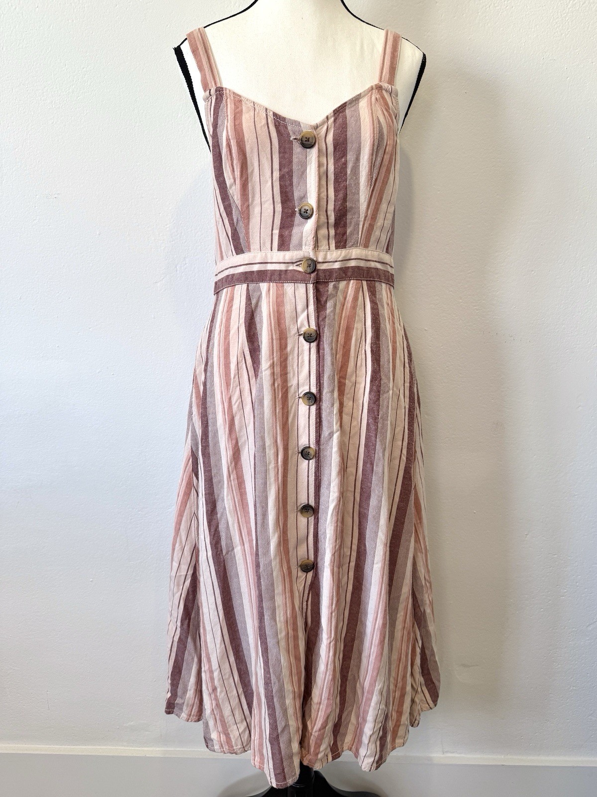 ANA Striped Midi Dress Small Pink Purple Button Front Tie Back Sundress A-Line