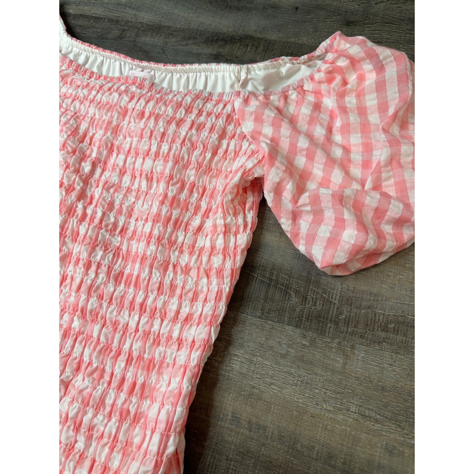 Pink Lily Gingham Smocked Pink Mini Dress Short Puff Sleeve Ruffle Hem Womens L