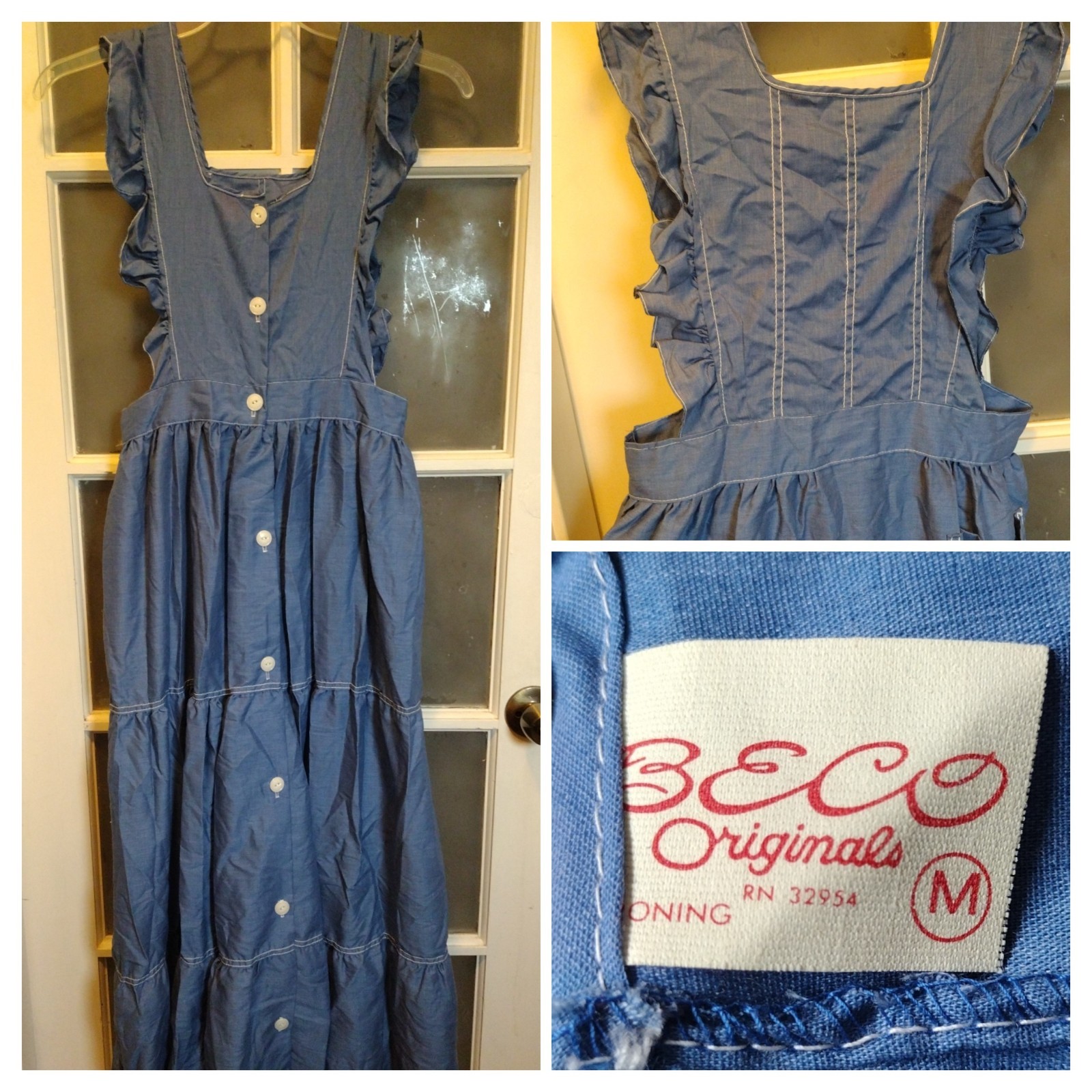 Vintage 70s Beco Originals Blue Dress with Back Pocket Sz M Runs Small See Pics