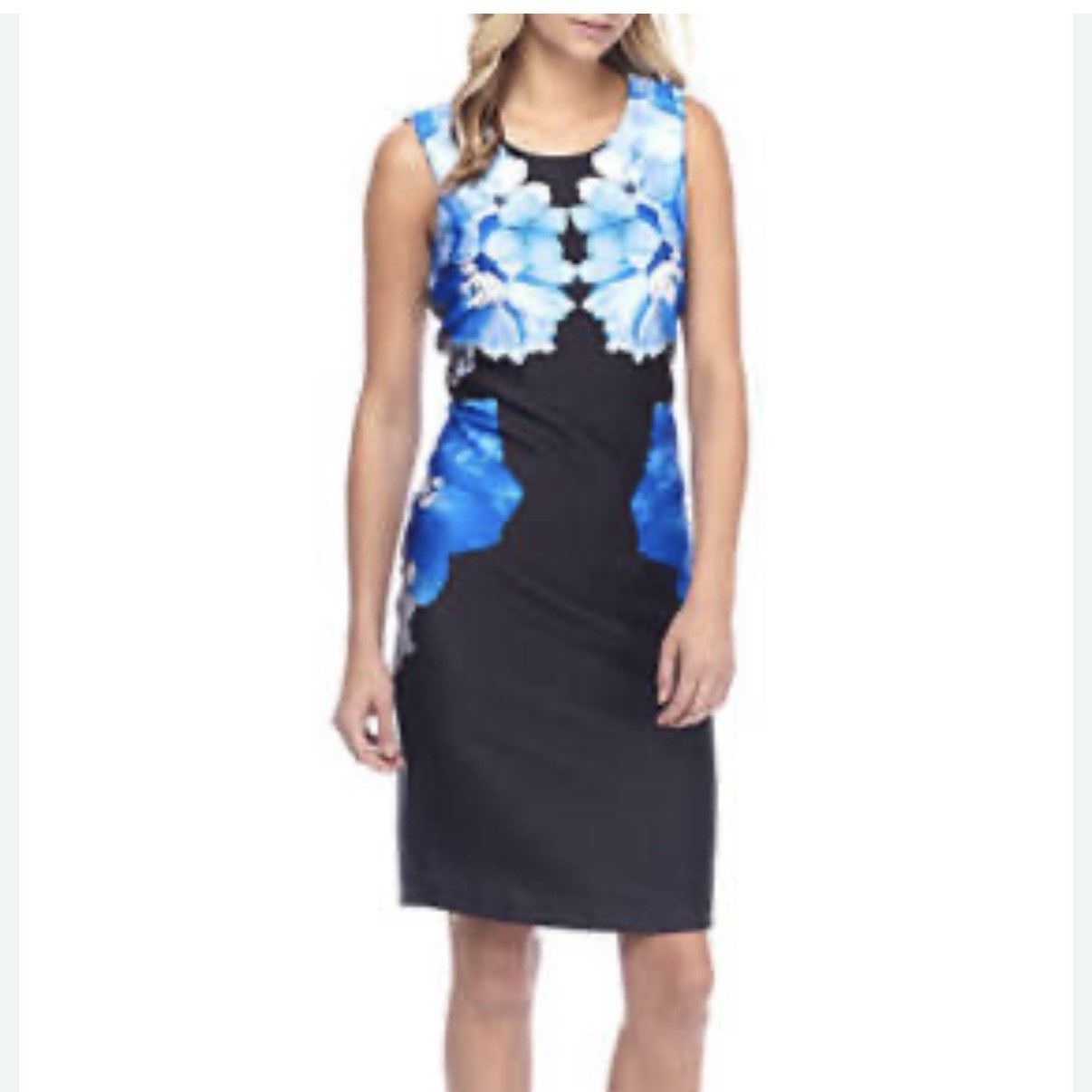Calvin Klein Blue Floral Stretch Scuba Knit Sleeveless Sheath Dress Size 14W