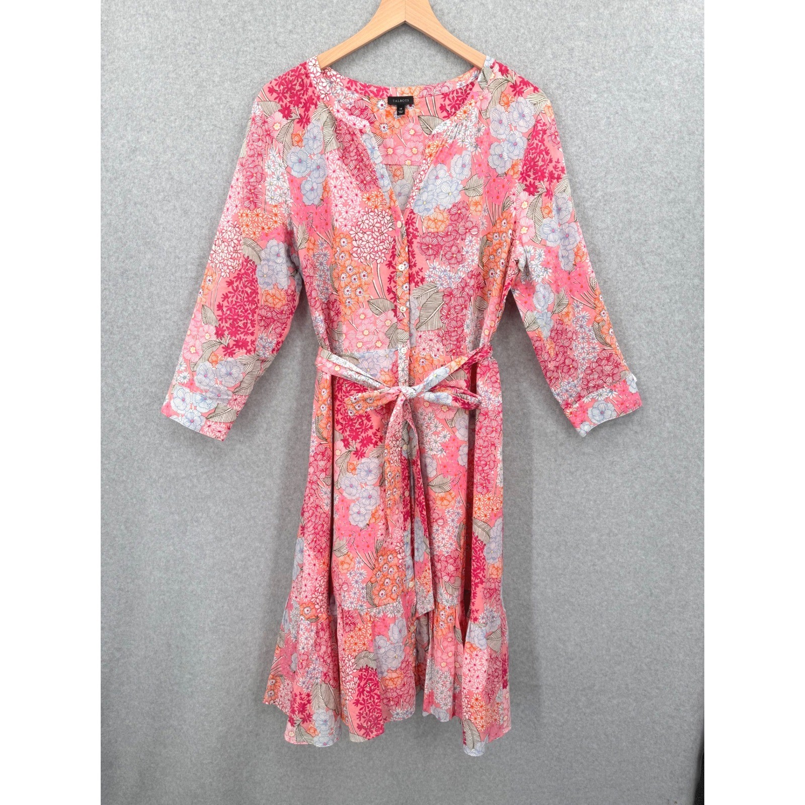 Talbots Belted Shirtdress Women 14 Pink Clustered Garden Floral Cotton Midi