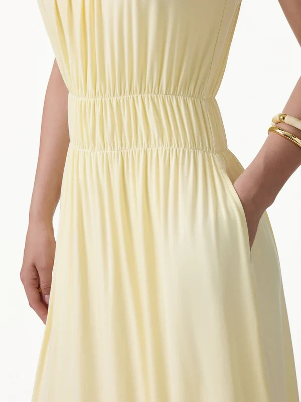 Women’s U Neck Spaghetti Strap Midi Dress Built In Bra Pockets, Yellow, Freeship