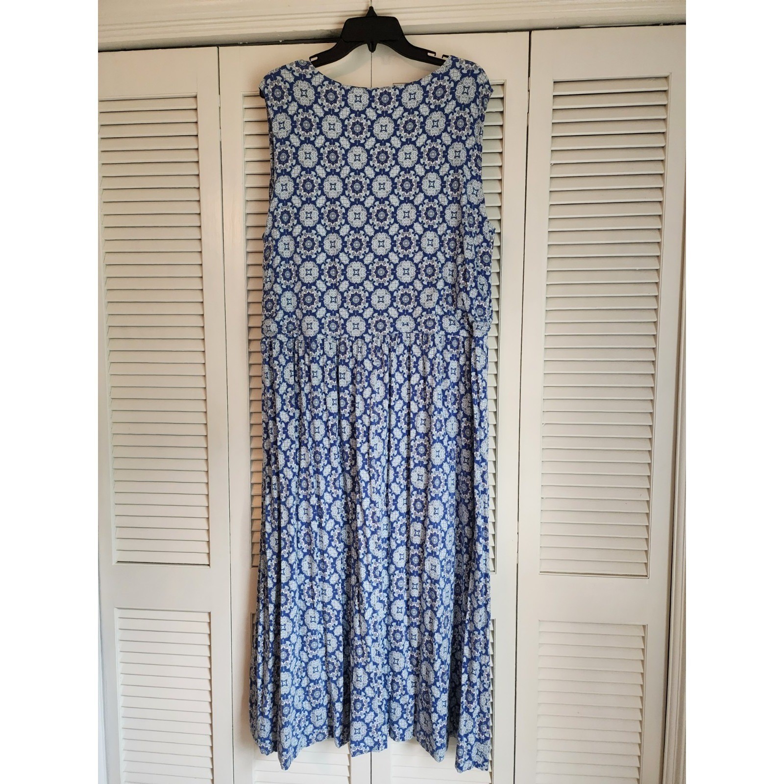 Lands End 2X 20W 22W Faux Wrap Maxi Long Dress Blue White Print Sleeveless