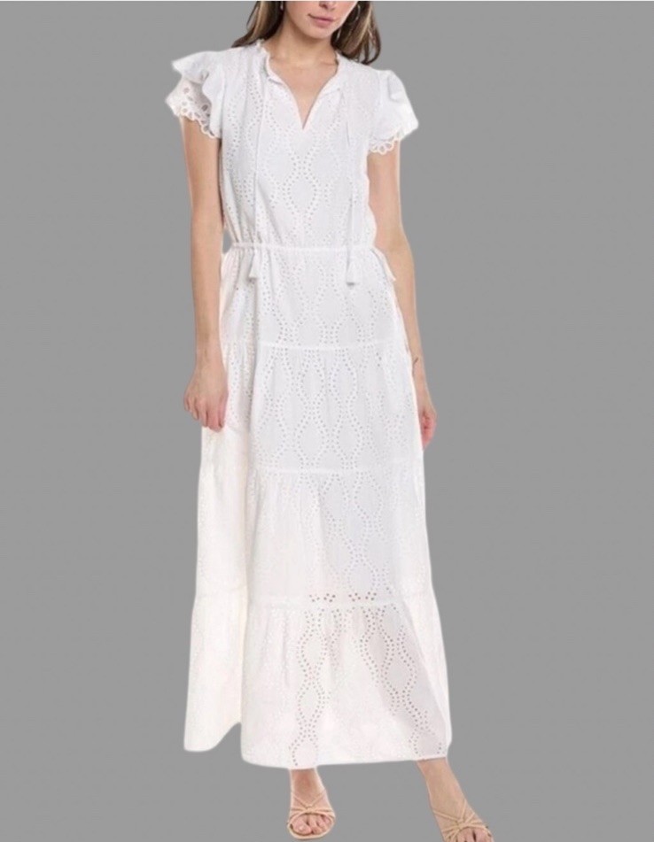 Size XL New J.McLaughlin Feminine Elena White Eyelet Maxi Dress Ruffle Sleeves