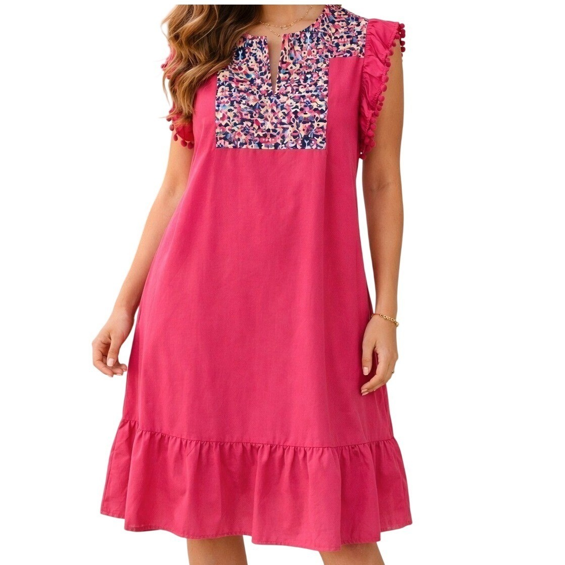 Tees2urdoor Women Pink Mosaic Ruffle Pom Pom Tunic Dress L Excellent condition